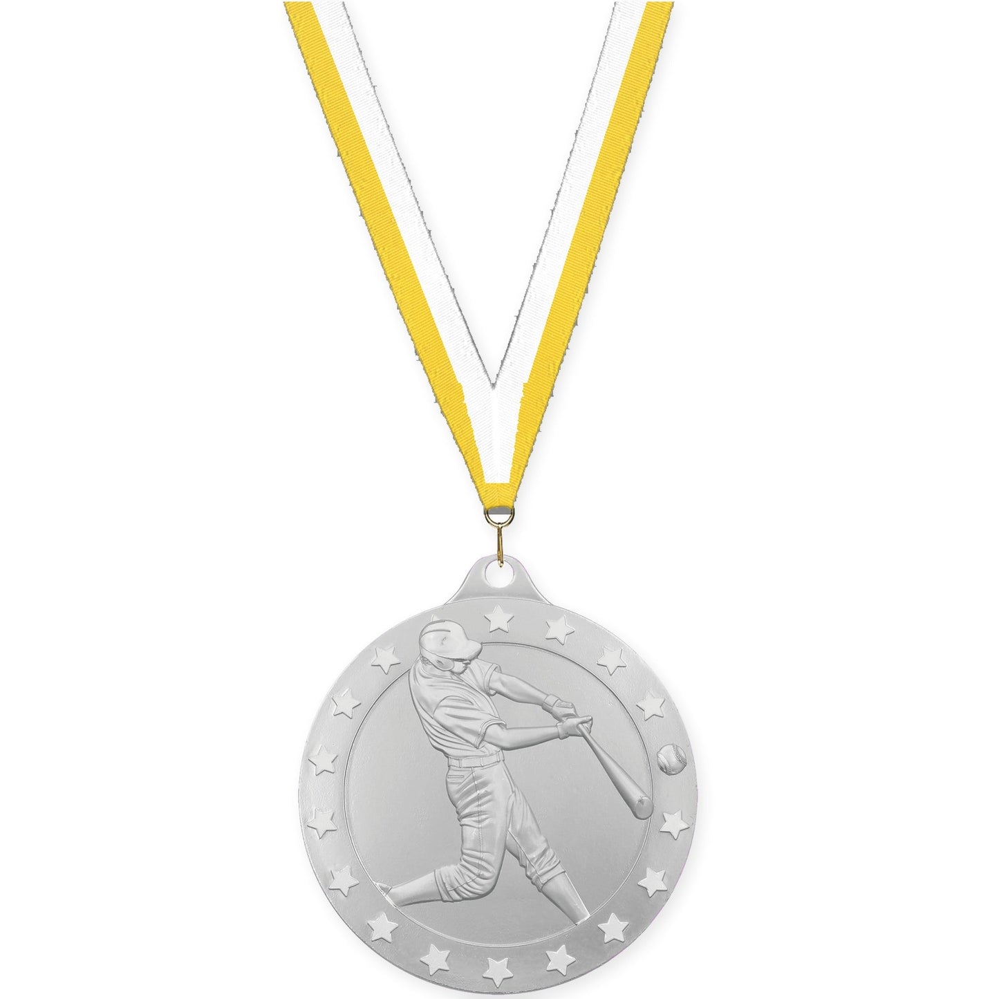 2 inch baseball Radiance medal in silver with Yellow White neck ribbon