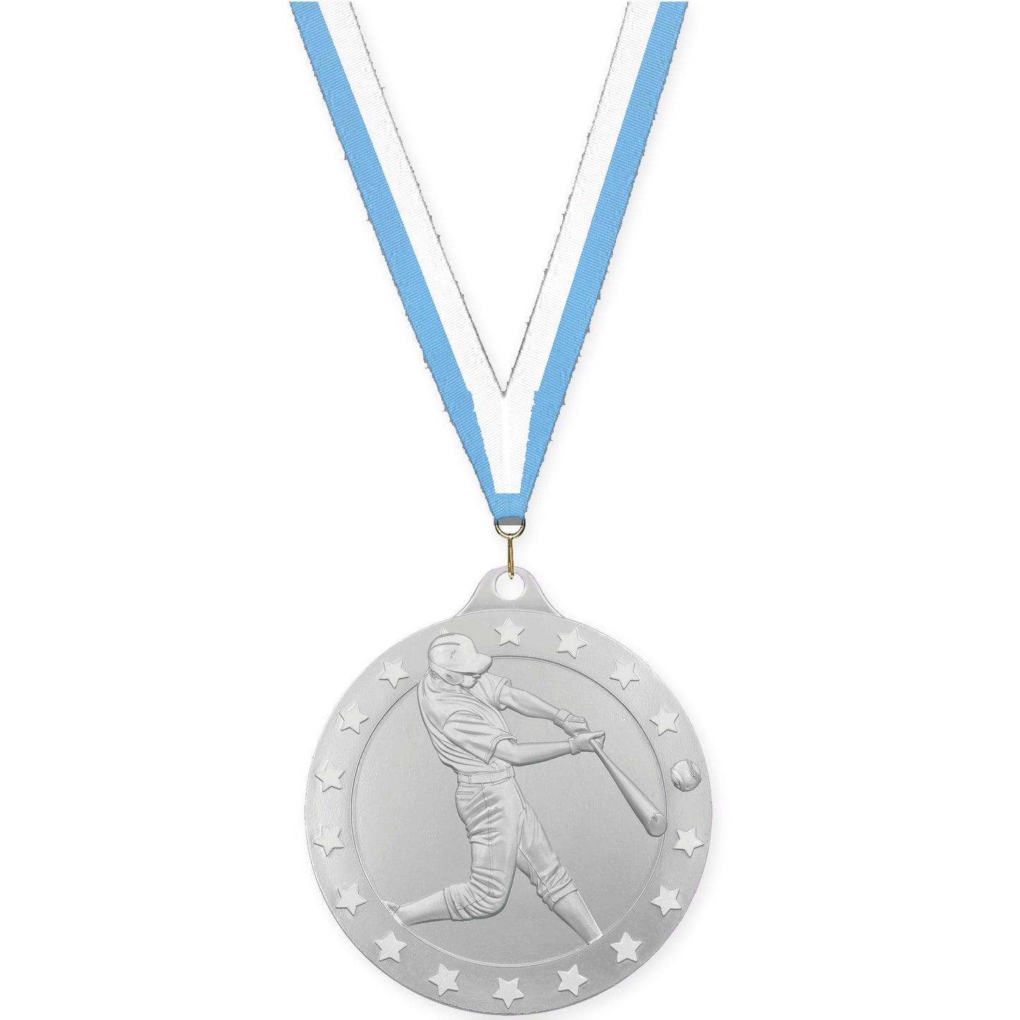 2 inch baseball Radiance medal in silver with Light Blue White neck ribbon