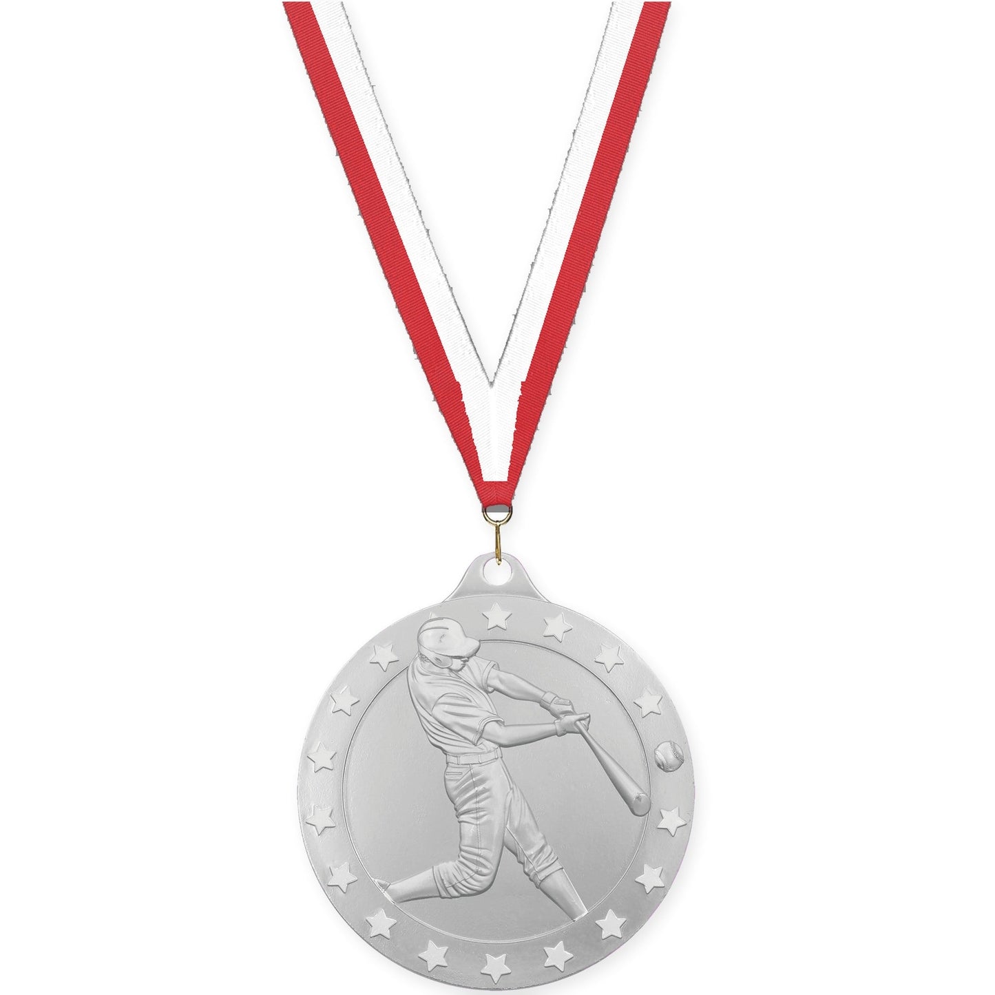 2 inch baseball Radiance medal in silver with Red White neck ribbon