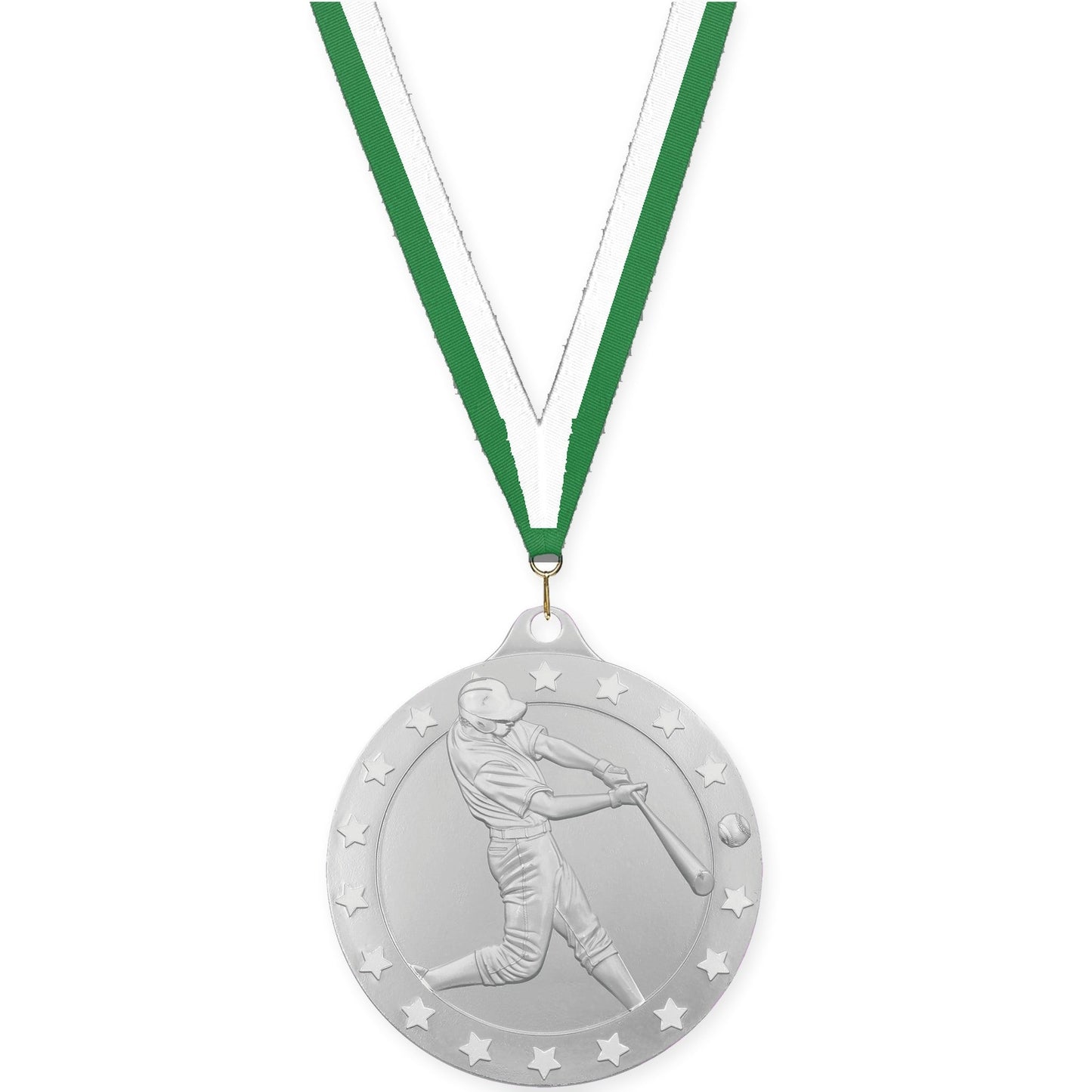 2 inch baseball Radiance medal in silver with Green White neck ribbon