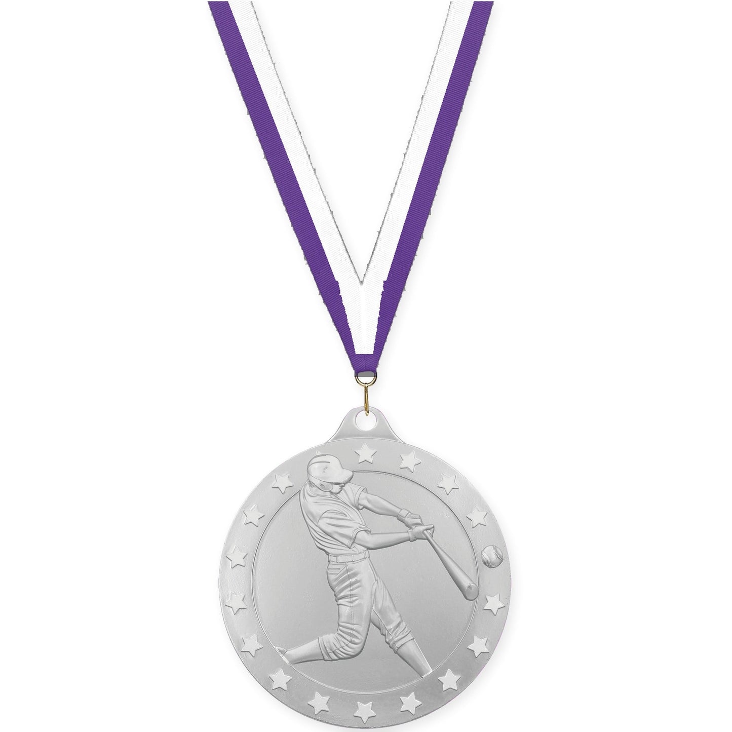 2 inch baseball Radiance medal in silver with Purple White neck ribbon