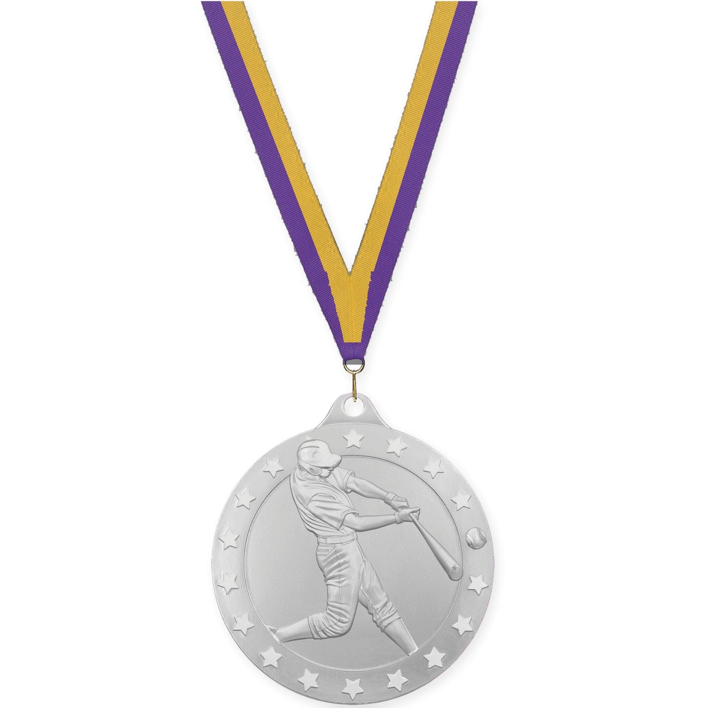 2 inch baseball Radiance medal in silver with Purple Gold neck ribbon