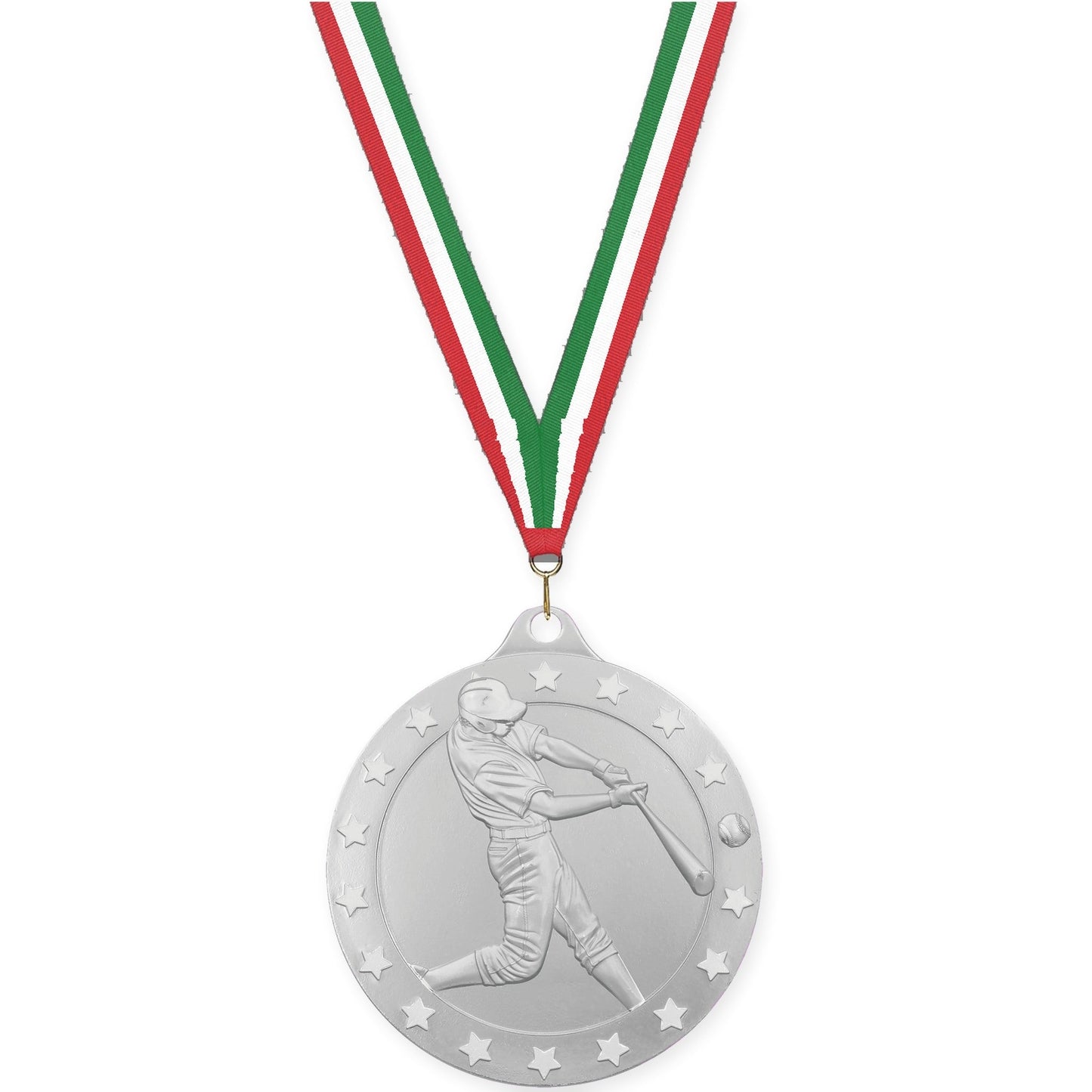 2 inch baseball Radiance medal in silver with Red White Green neck ribbon