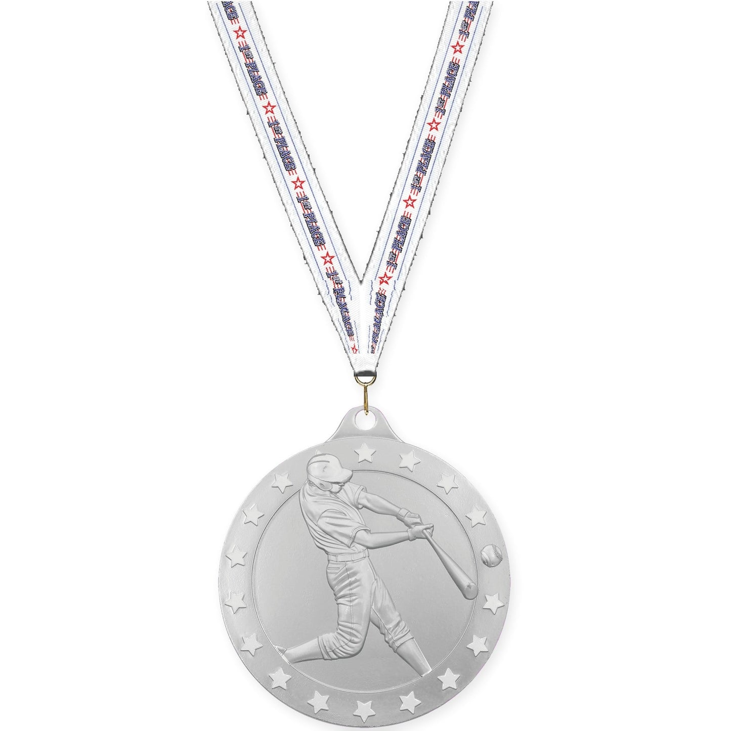 2 inch baseball Radiance medal in silver with 1st Place neck ribbon