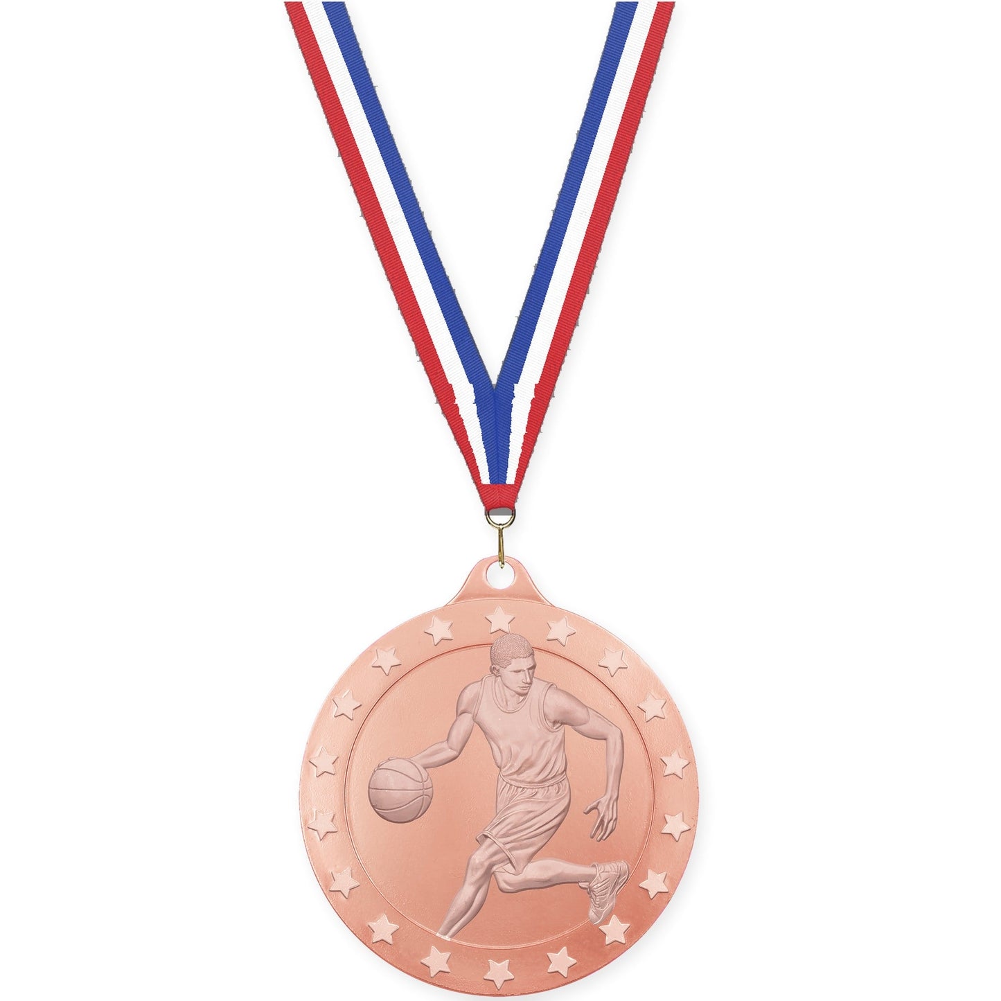 2 inch male basketball Radiance medal in bronze with Red White Blue neck ribbon