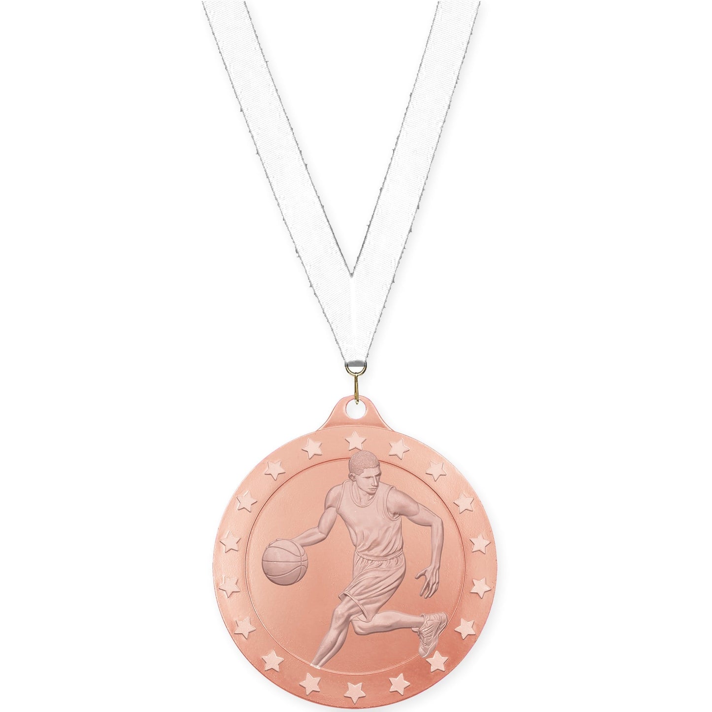 2 inch male basketball Radiance medal in bronze with White neck ribbon
