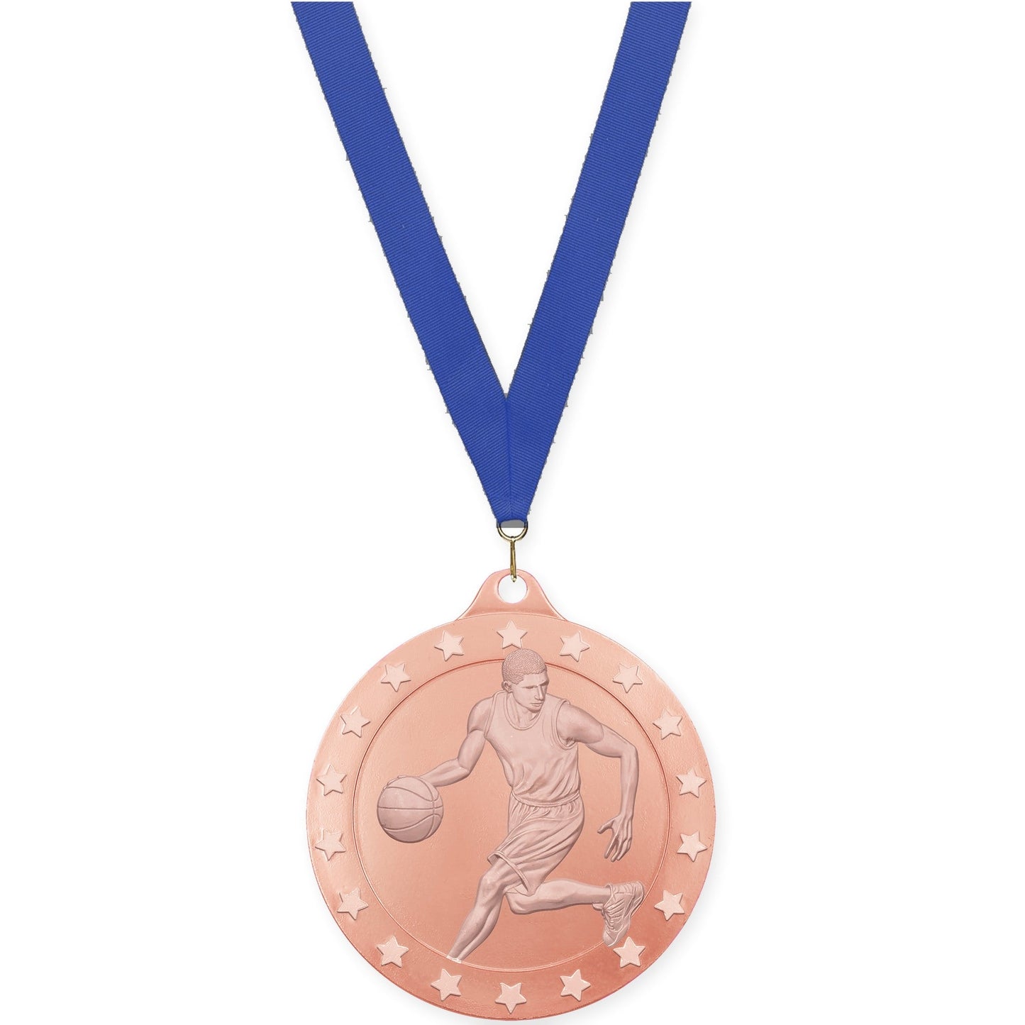 2 inch male basketball Radiance medal in bronze with Blue neck ribbon
