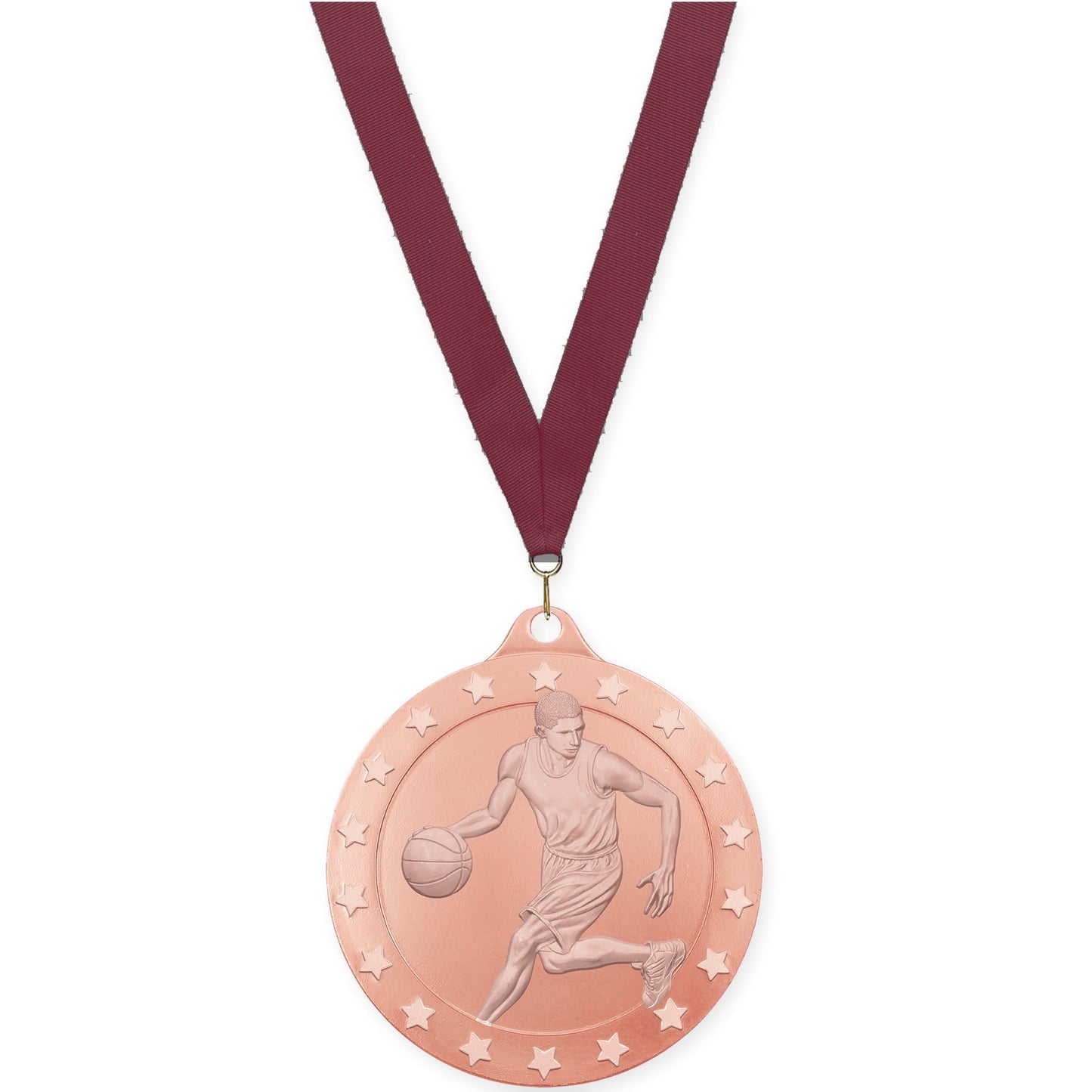 2 inch male basketball Radiance medal in bronze with Maroon neck ribbon