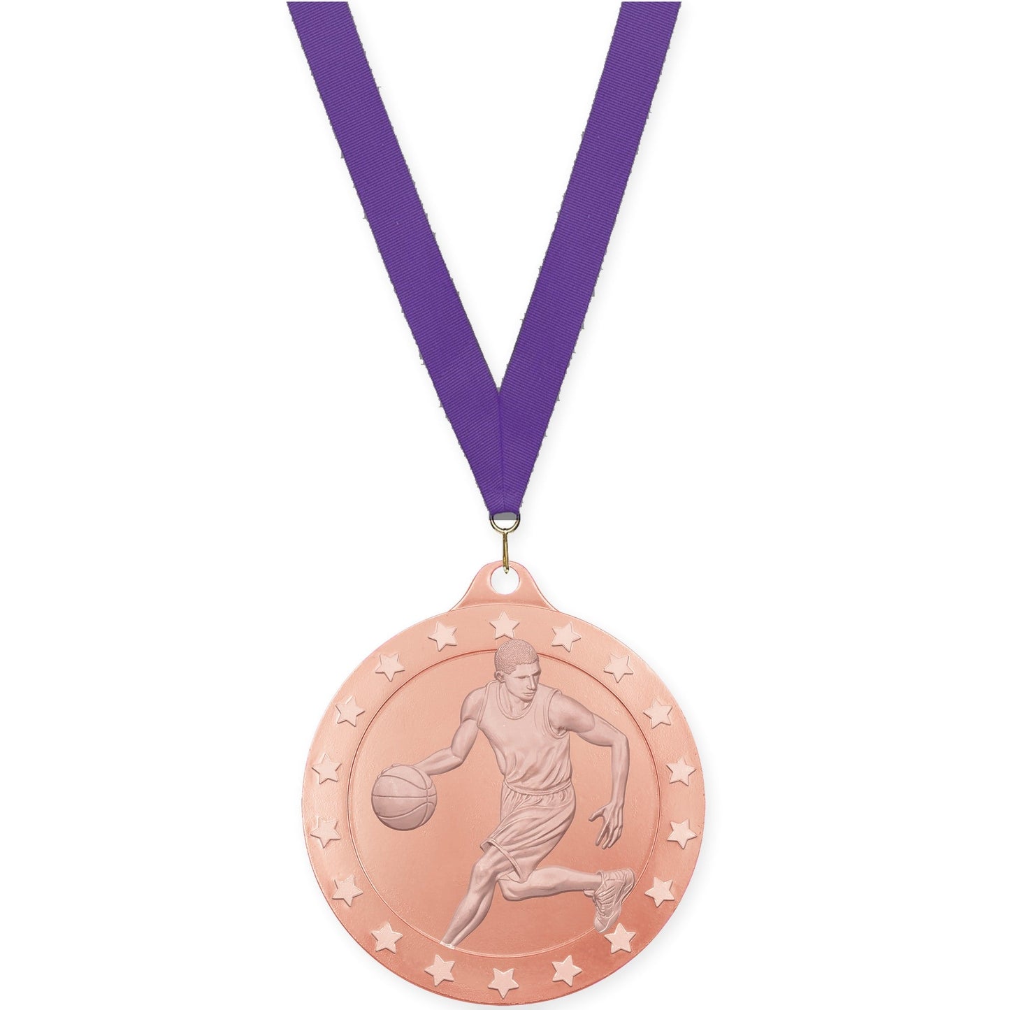 2 inch male basketball Radiance medal in bronze with Purple neck ribbon