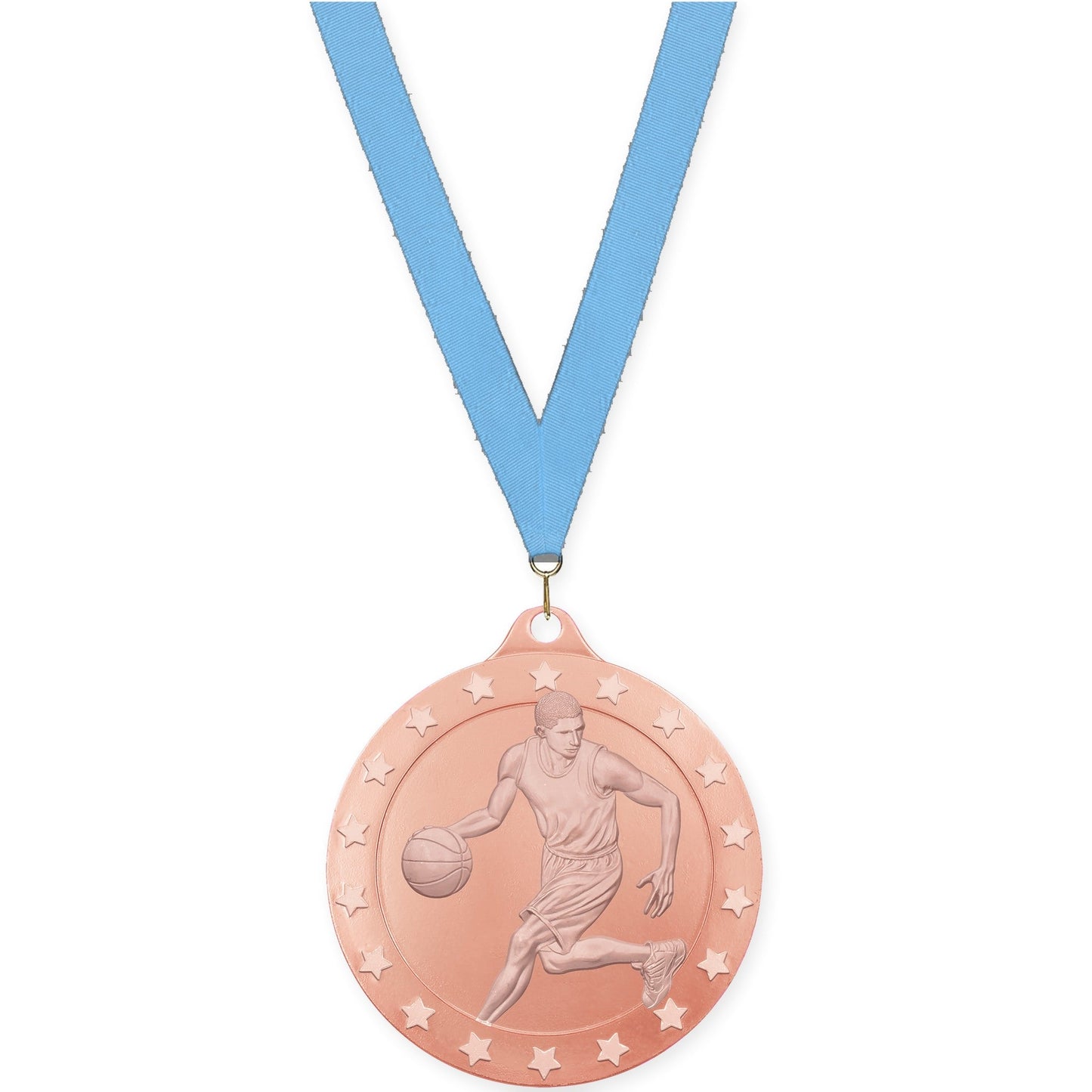 2 inch male basketball Radiance medal in bronze with Light Blue neck ribbon