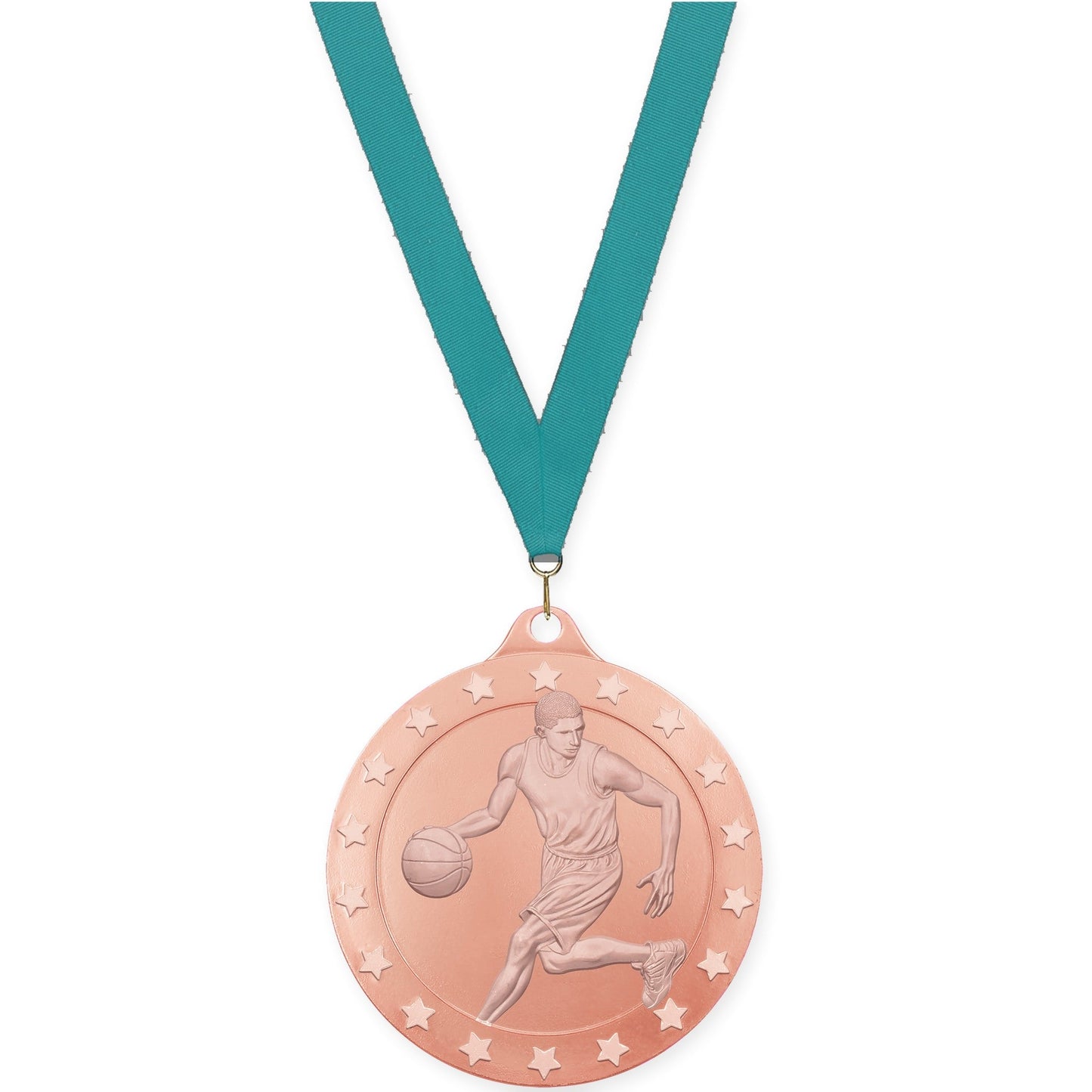2 inch male basketball Radiance medal in bronze with Teal neck ribbon
