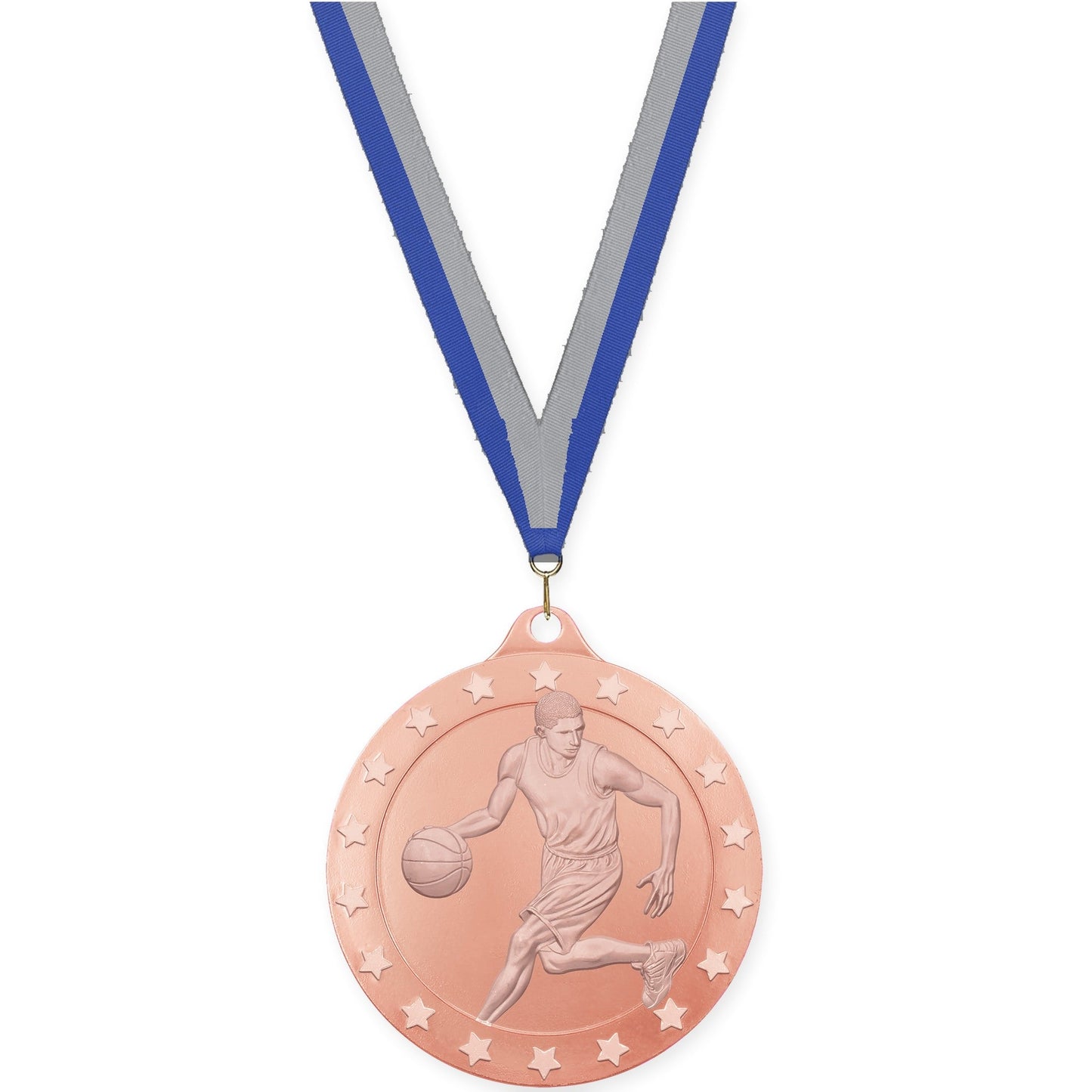 2 inch male basketball Radiance medal in bronze with Blue Gray neck ribbon