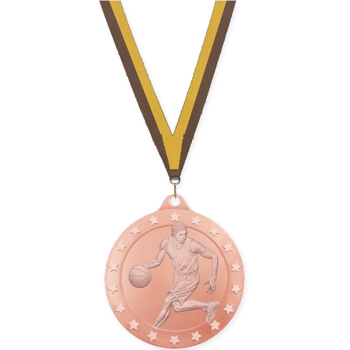 2 inch male basketball Radiance medal in bronze with Brown Gold neck ribbon