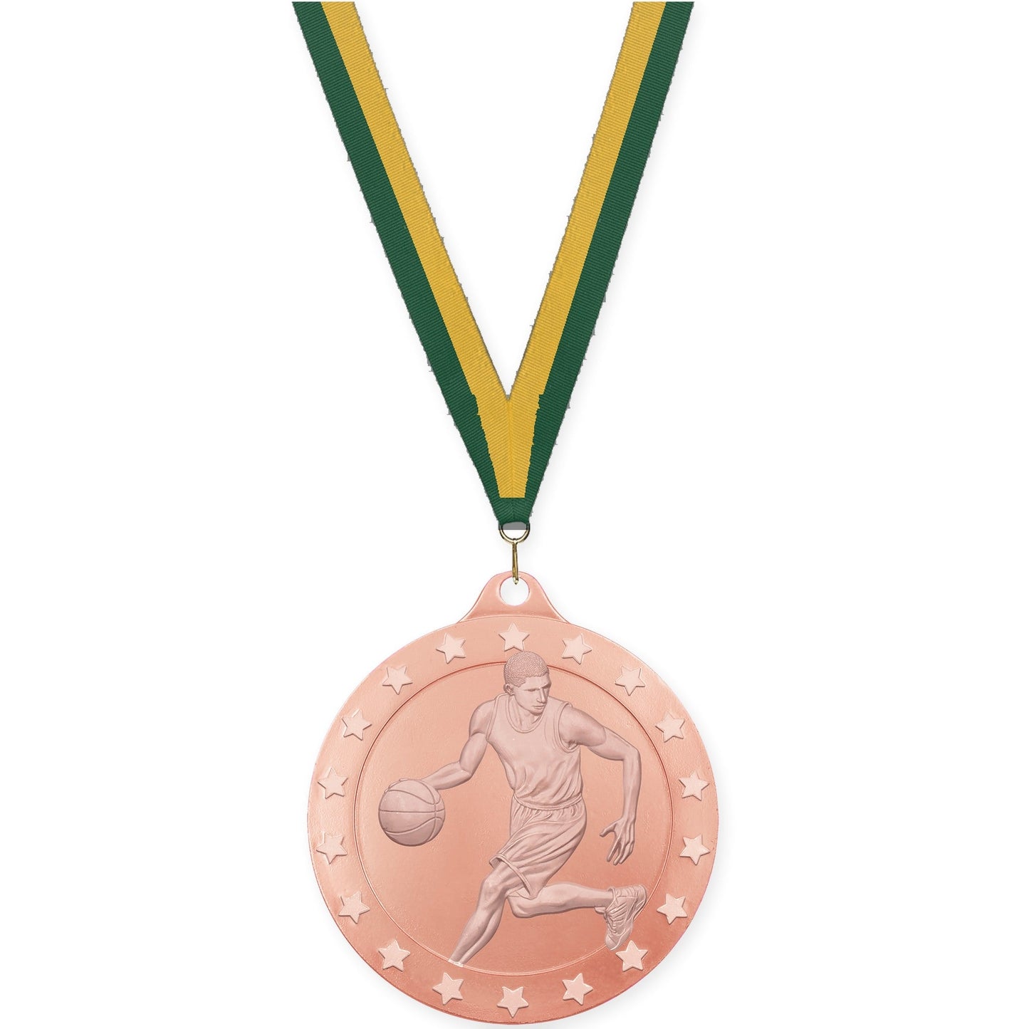 2 inch male basketball Radiance medal in bronze with Hunter Green Gold neck ribbon