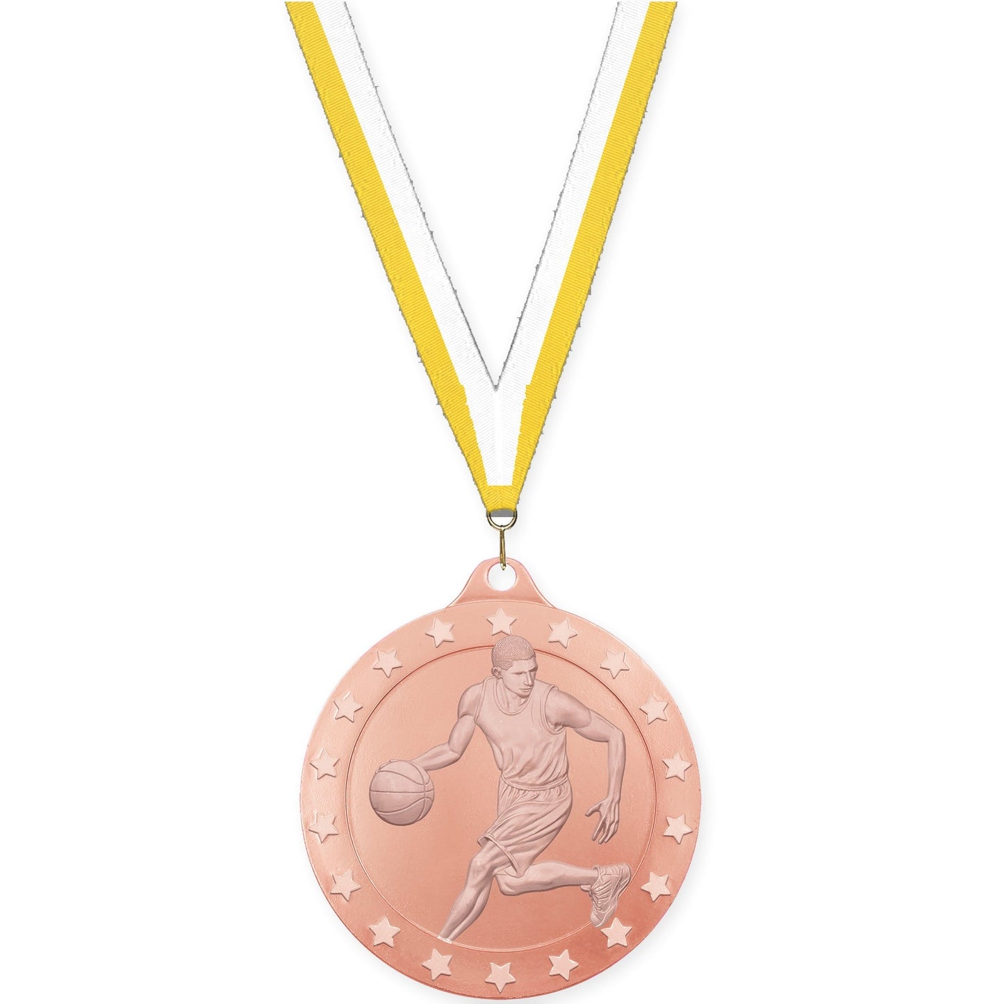 2 inch male basketball Radiance medal in bronze with Yellow White neck ribbon
