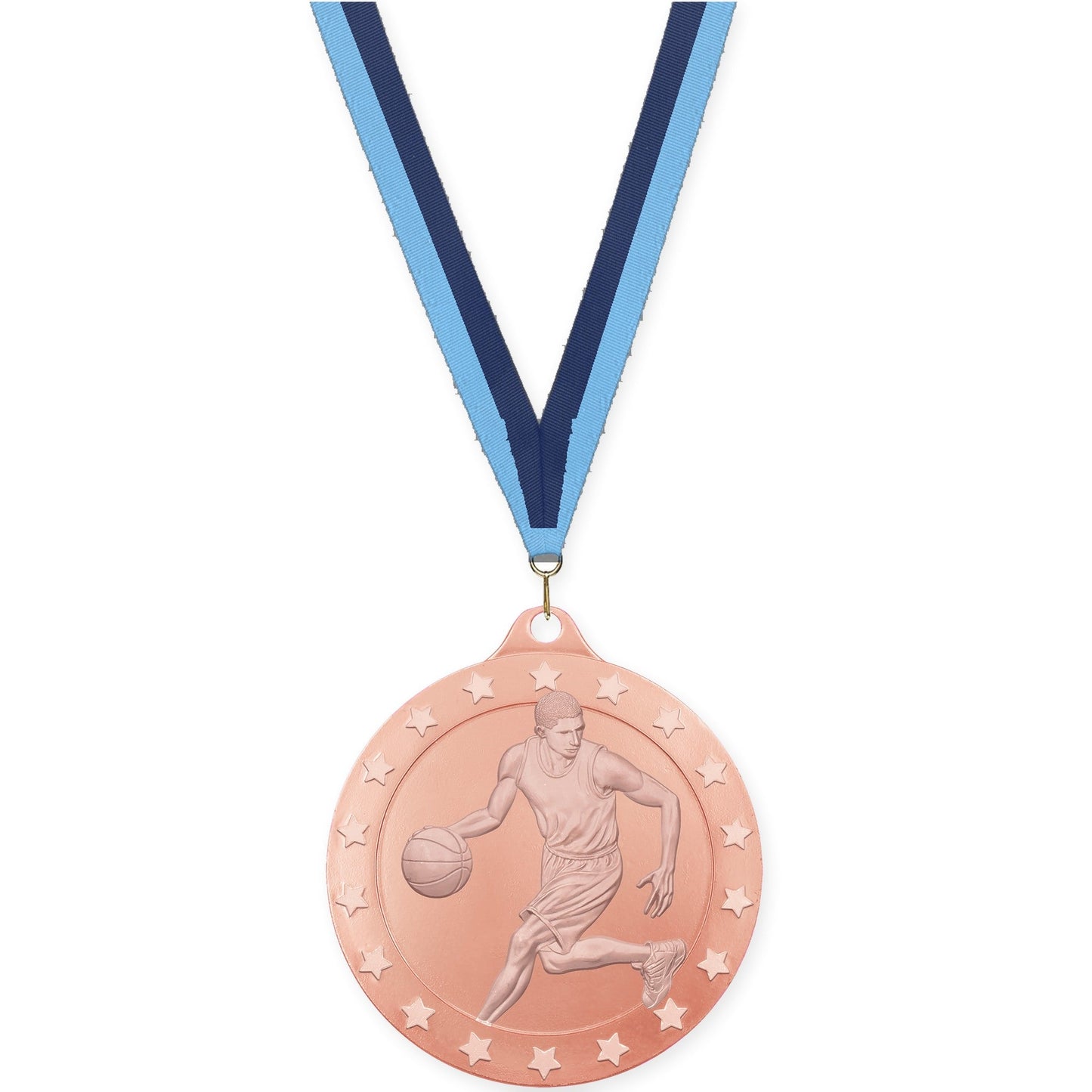 2 inch male basketball Radiance medal in bronze with Light Blue Navy neck ribbon