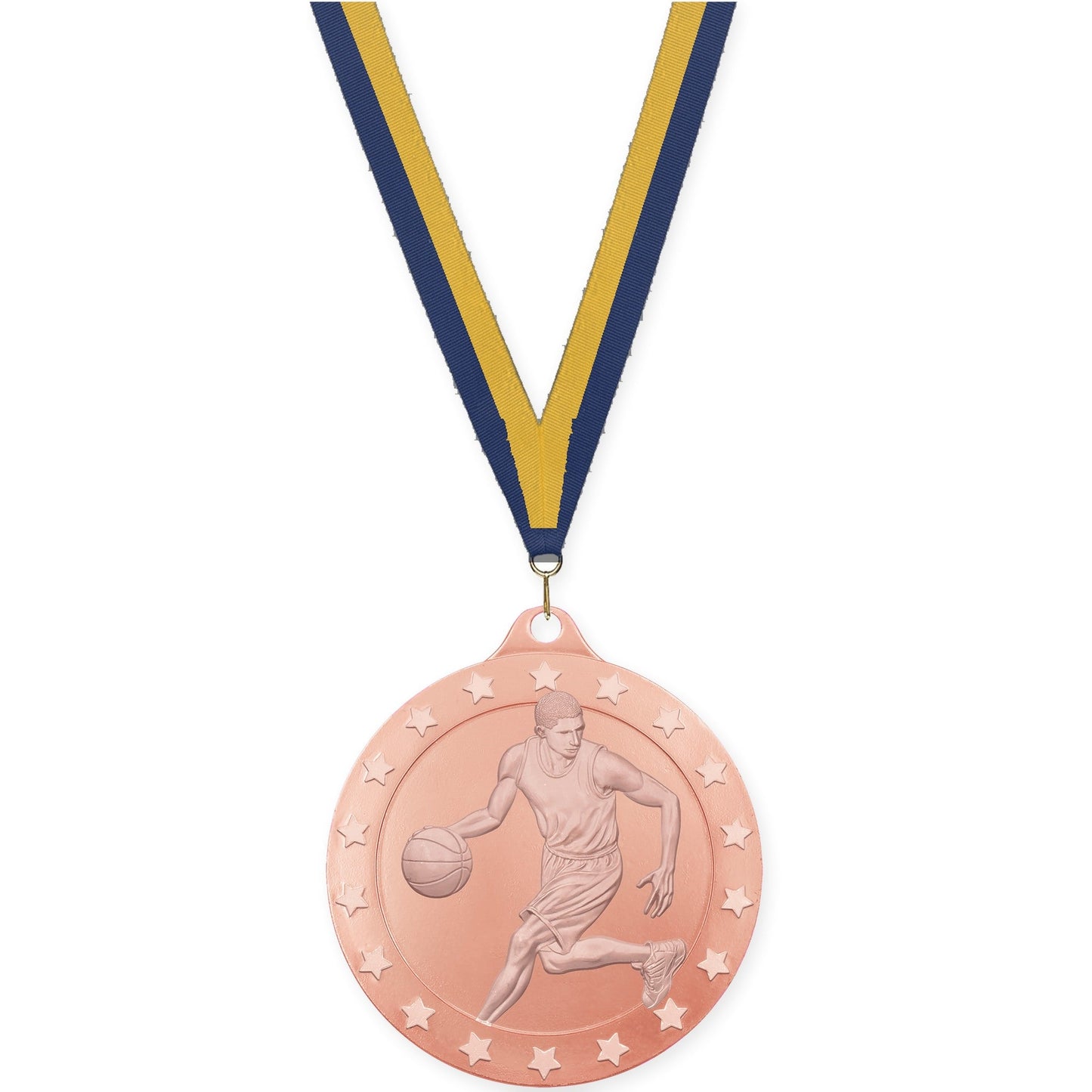 2 inch male basketball Radiance medal in bronze with Navy Gold neck ribbon