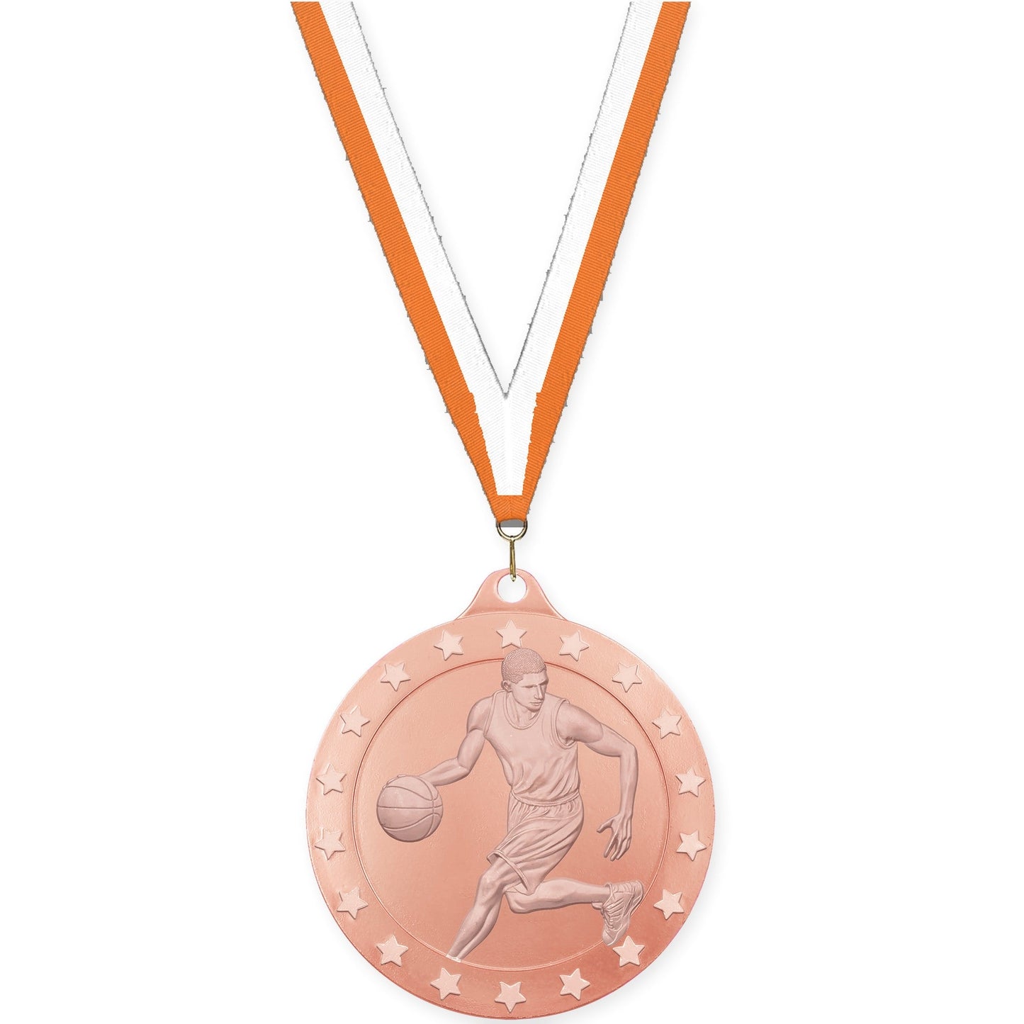 2 inch male basketball Radiance medal in bronze with Orange White neck ribbon
