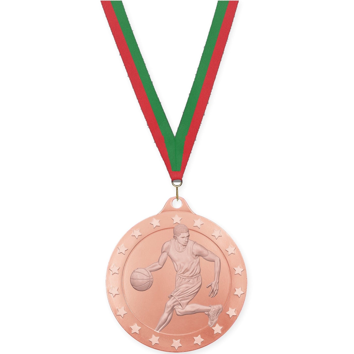 2 inch male basketball Radiance medal in bronze with Red Green neck ribbon