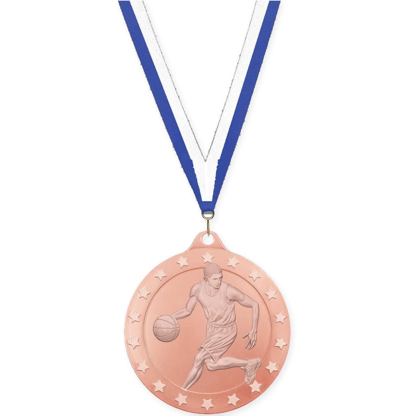2 inch male basketball Radiance medal in bronze with Blue White neck ribbon