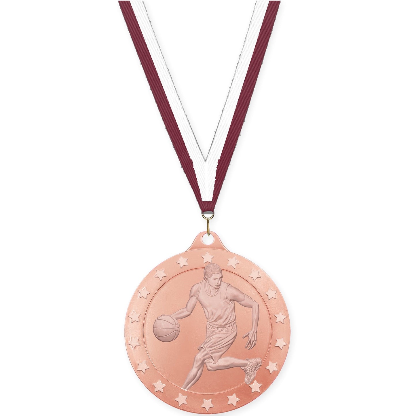 2 inch male basketball Radiance medal in bronze with Maroon White neck ribbon