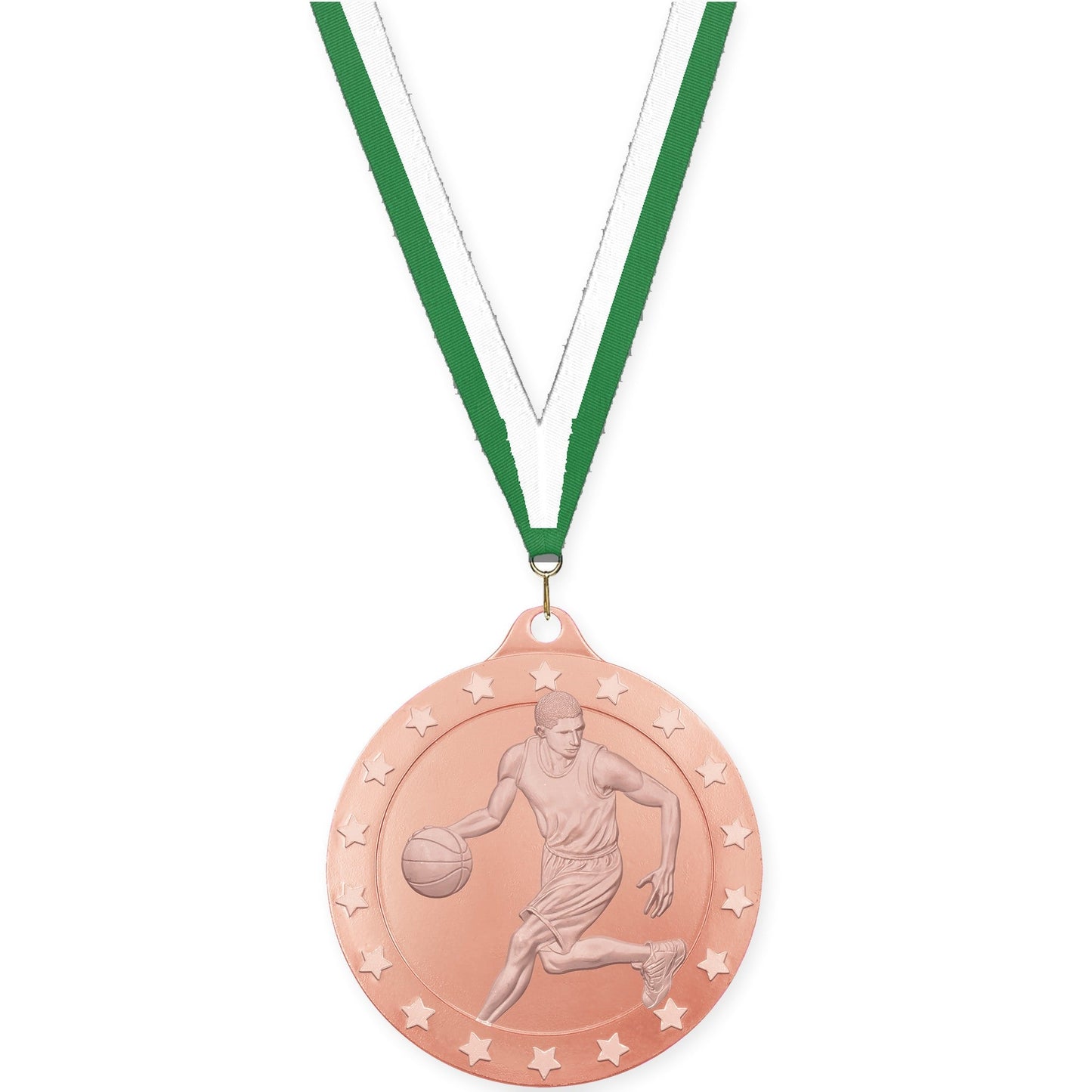 2 inch male basketball Radiance medal in bronze with Green White neck ribbon
