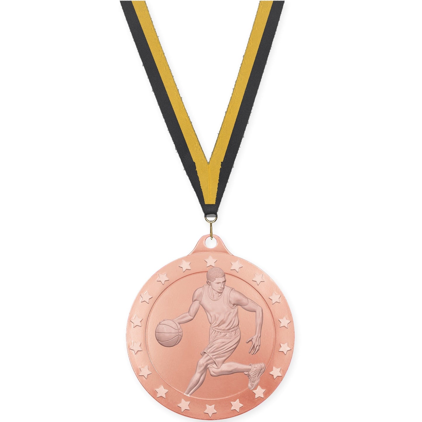 2 inch male basketball Radiance medal in bronze with Black Gold neck ribbon