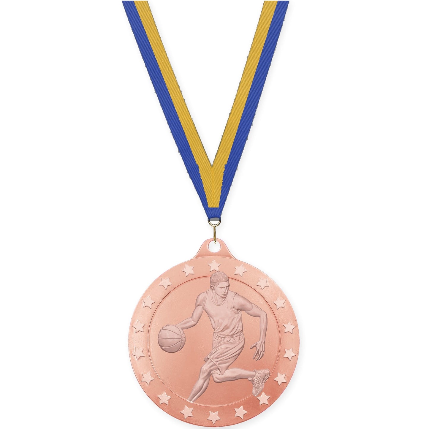 2 inch male basketball Radiance medal in bronze with Blue Gold neck ribbon