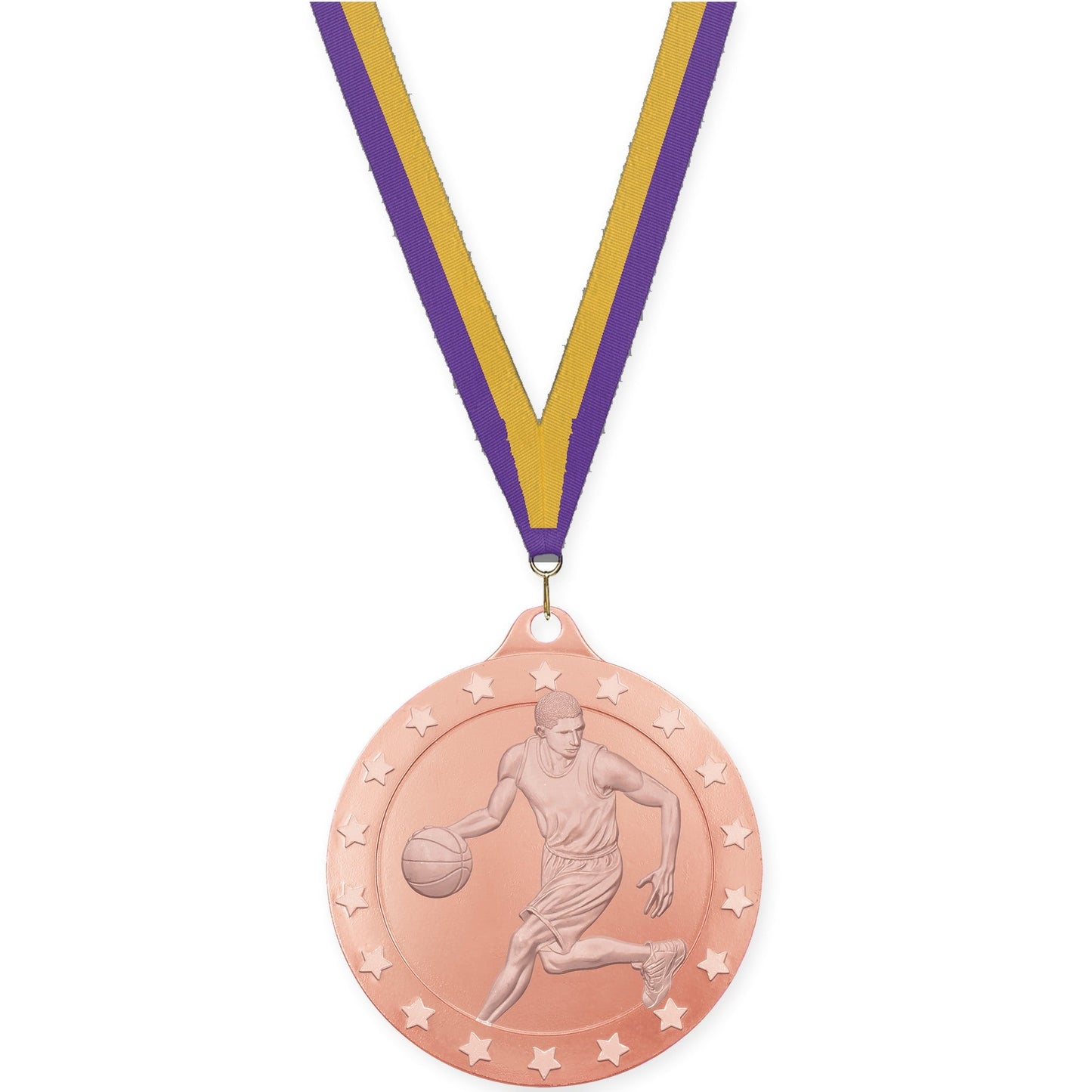 2 inch male basketball Radiance medal in bronze with Purple Gold neck ribbon