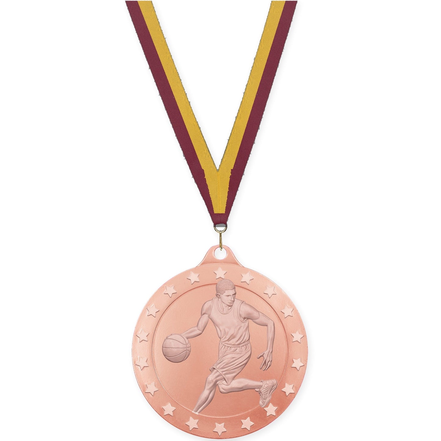 2 inch male basketball Radiance medal in bronze with Maroon Gold neck ribbon