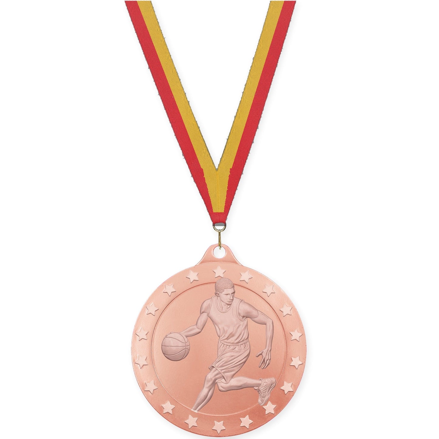 2 inch male basketball Radiance medal in bronze with Red Gold neck ribbon