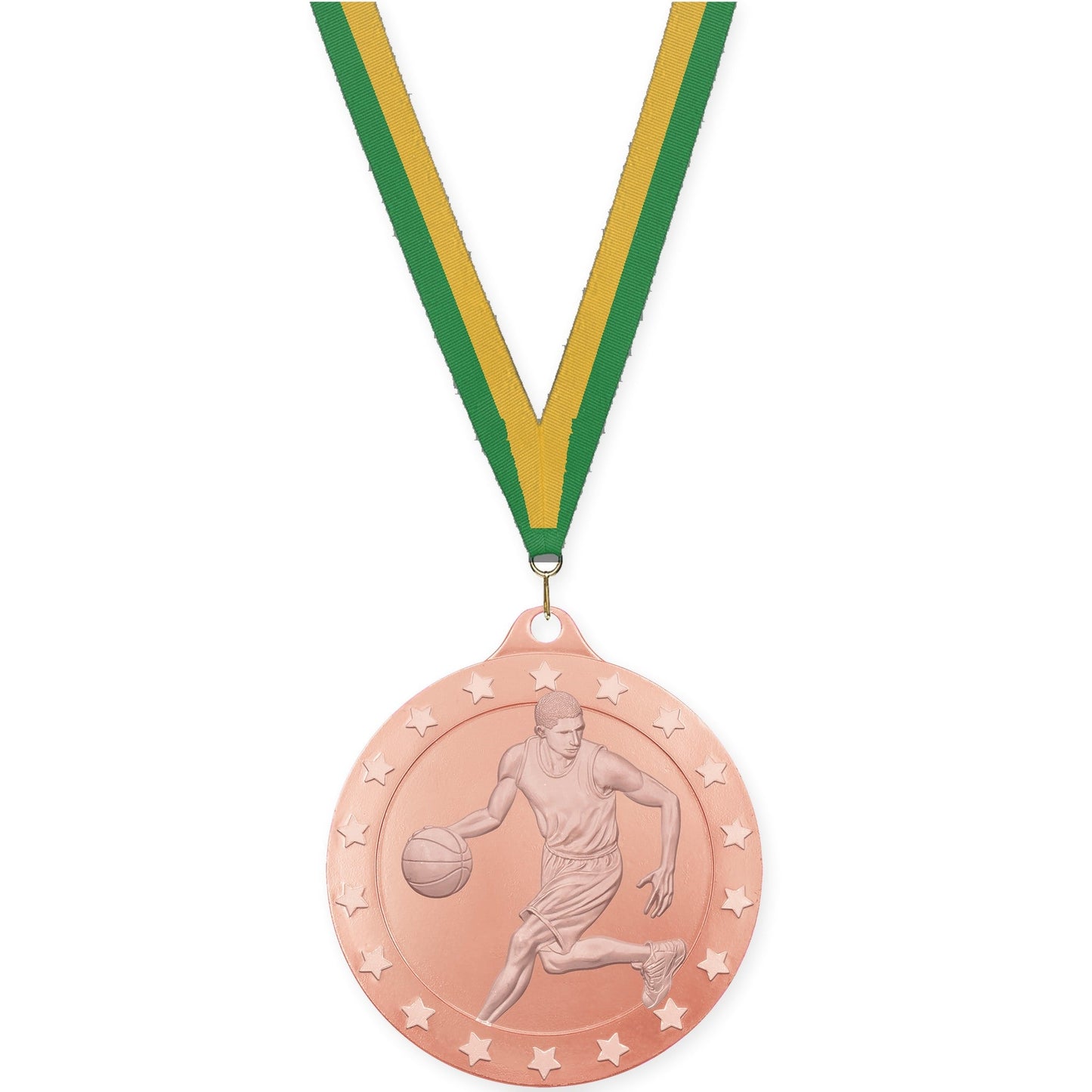 2 inch male basketball Radiance medal in bronze with Green Gold neck ribbon