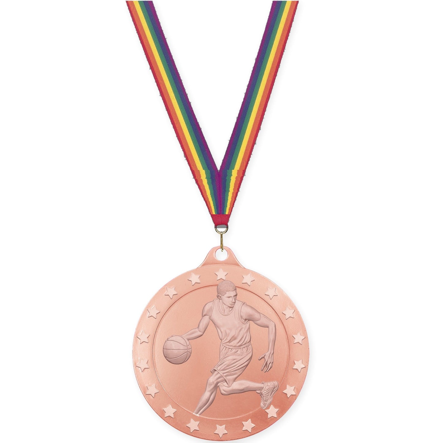 2 inch male basketball Radiance medal in bronze with Rainbow neck ribbon