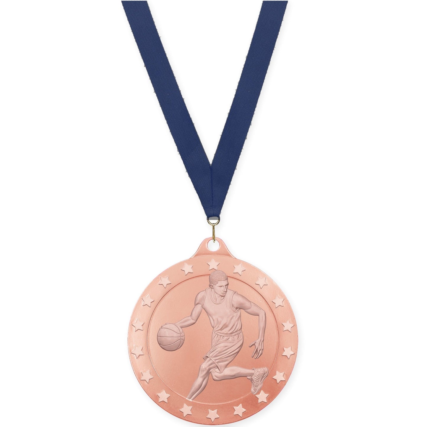 2 inch male basketball Radiance medal in bronze with Navy neck ribbon