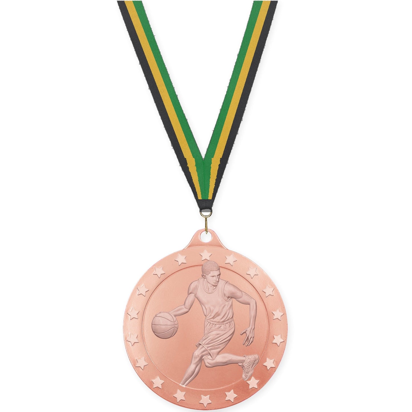 2 inch male basketball Radiance medal in bronze with Black Gold Green neck ribbon