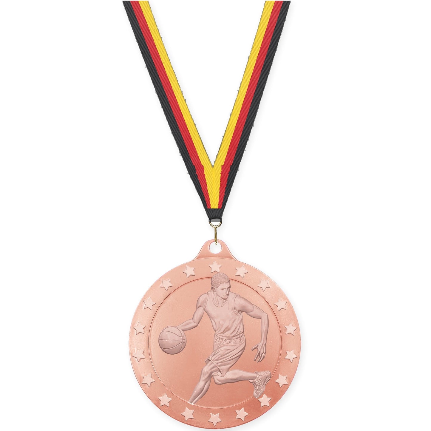 2 inch male basketball Radiance medal in bronze with Black Red Yellow neck ribbon