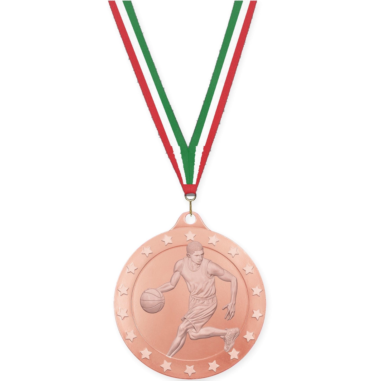 2 inch male basketball Radiance medal in bronze with Red White Green neck ribbon