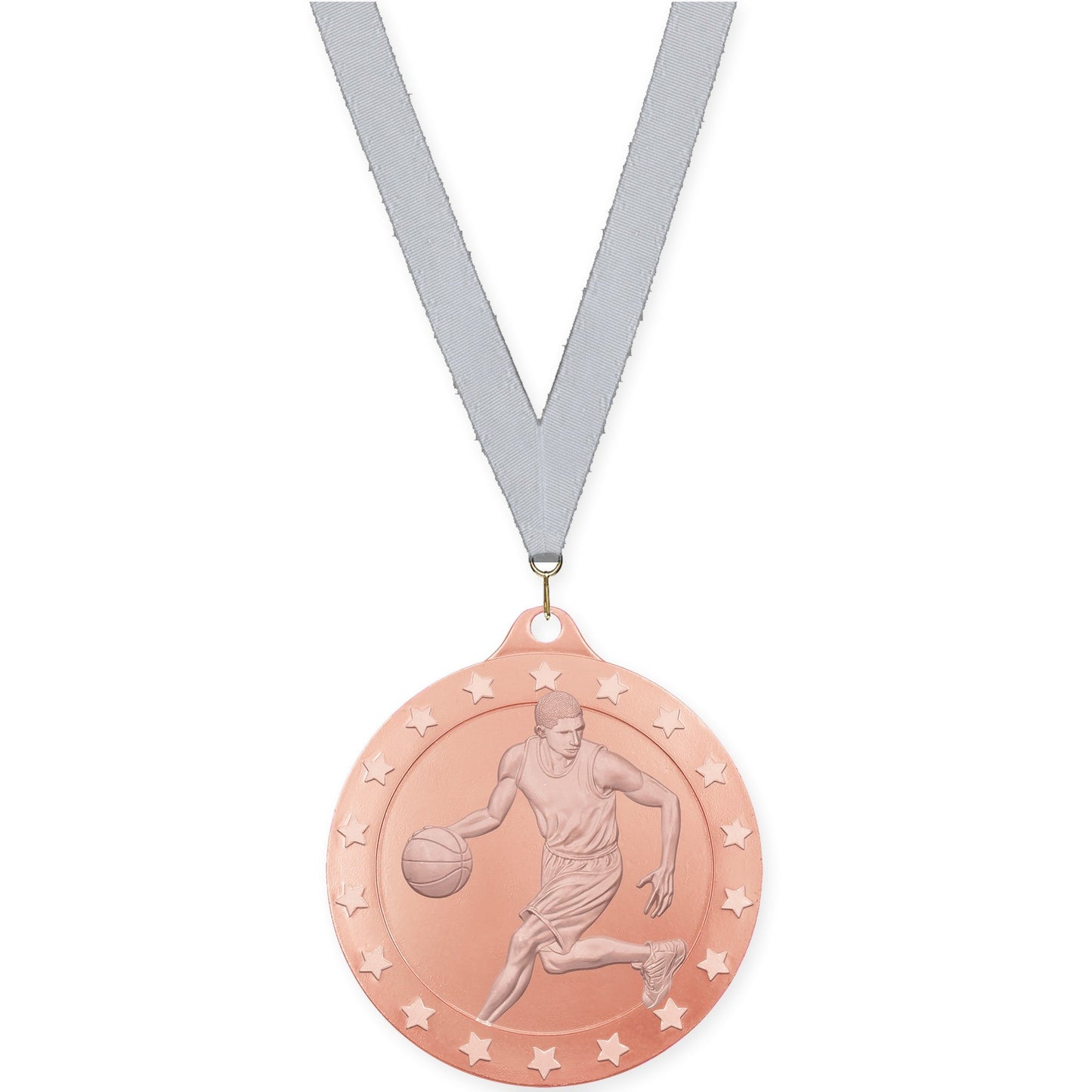2 inch male basketball Radiance medal in bronze with Silver Metallic neck ribbon