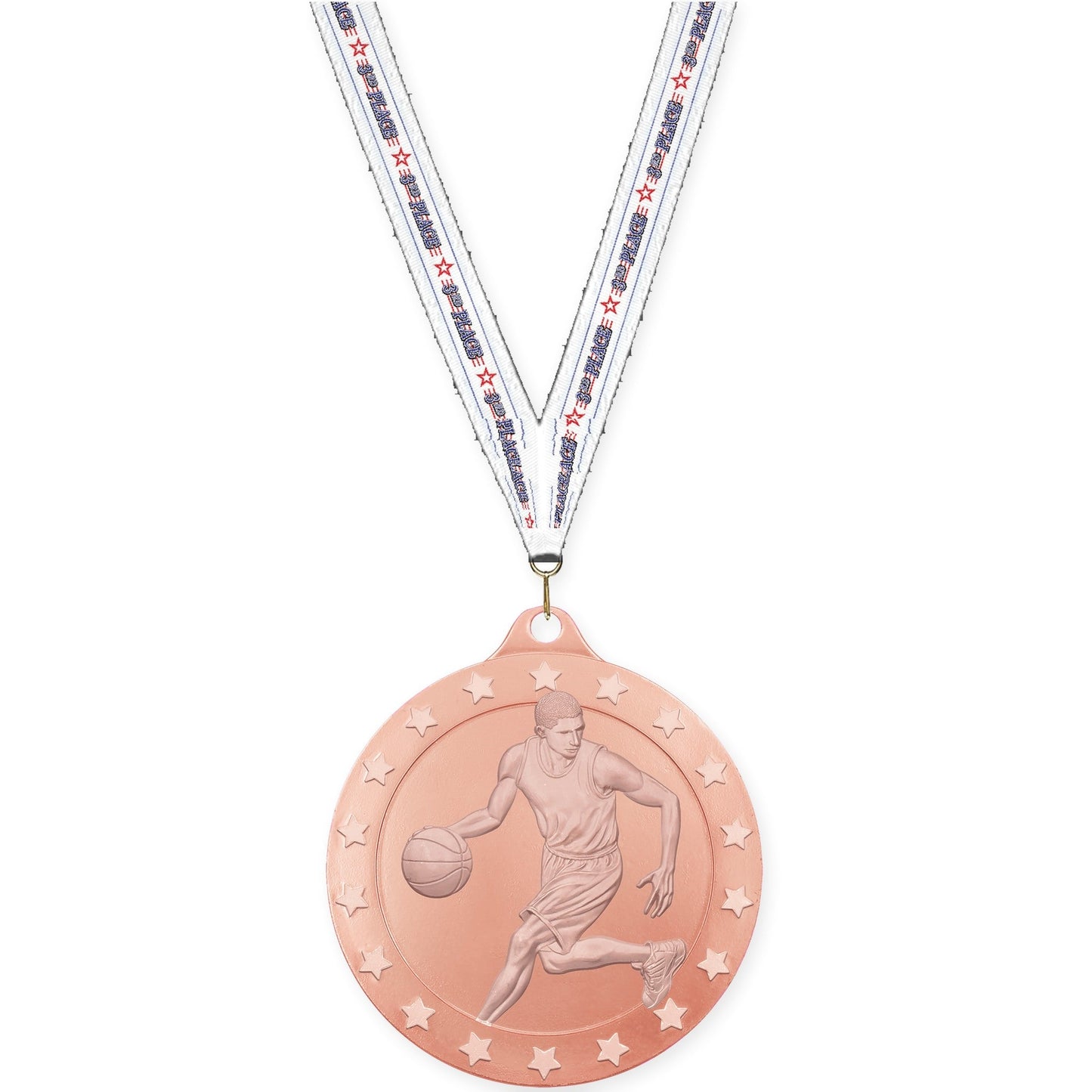 2 inch male basketball Radiance medal in bronze with 3rd Place neck ribbon