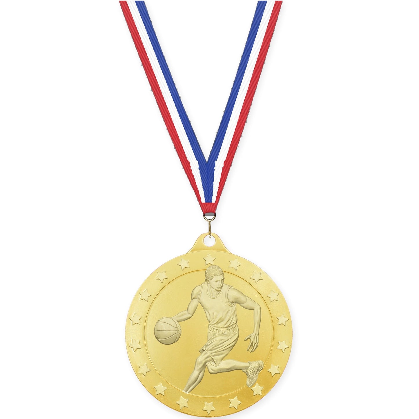 2 inch male basketball Radiance medal in gold with Red White Blue neck ribbon