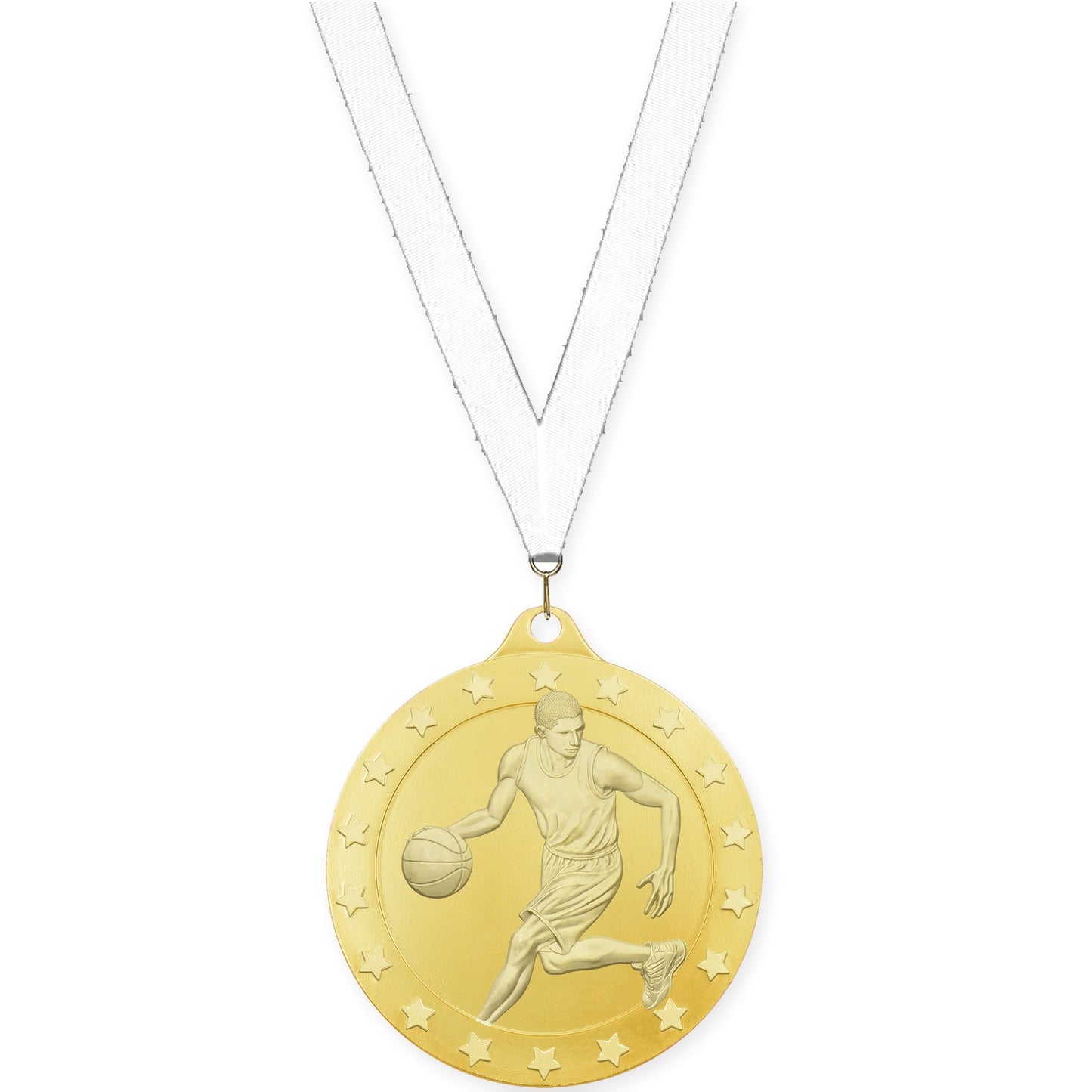 2 inch male basketball Radiance medal in gold with White neck ribbon