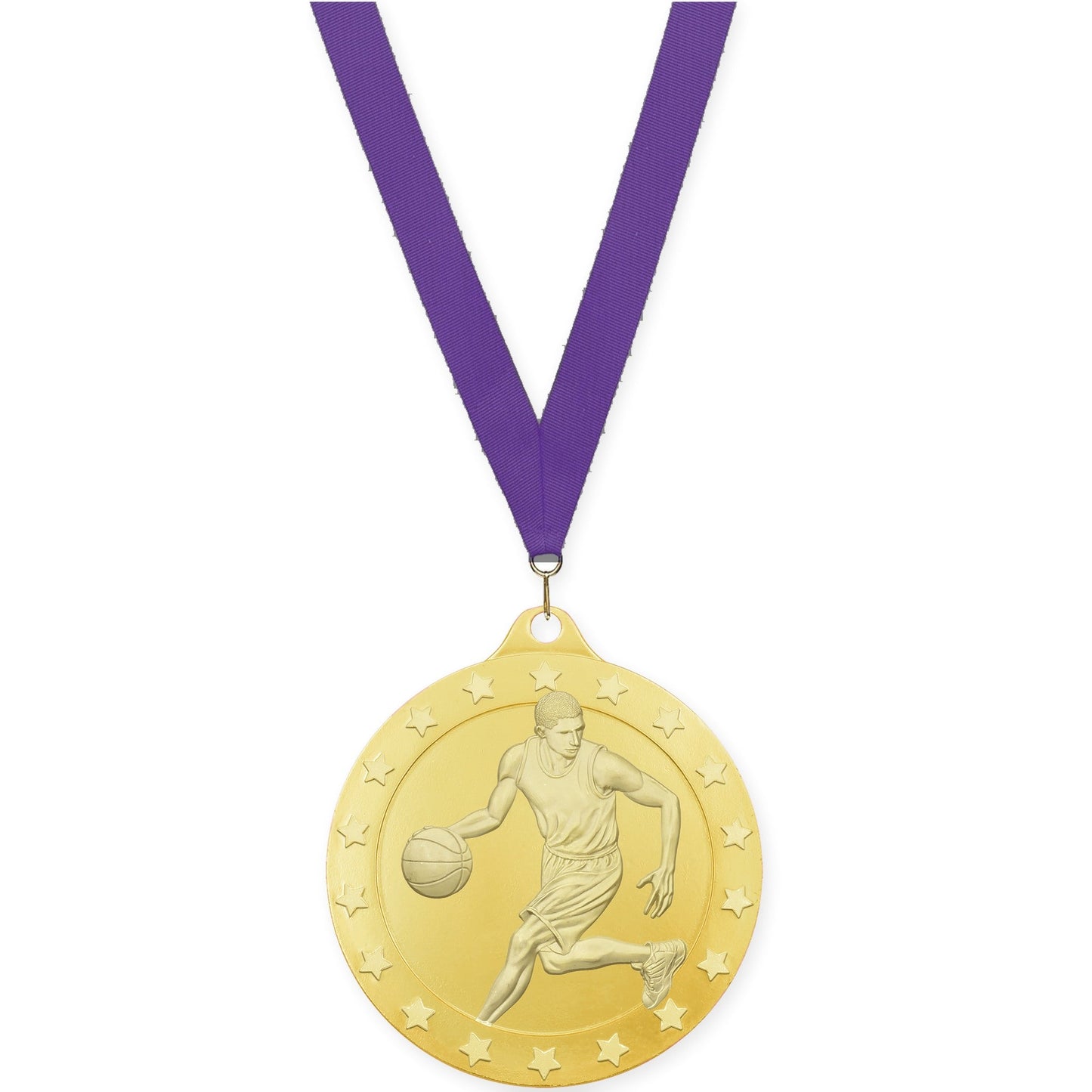 2 inch male basketball Radiance medal in gold with Purple neck ribbon