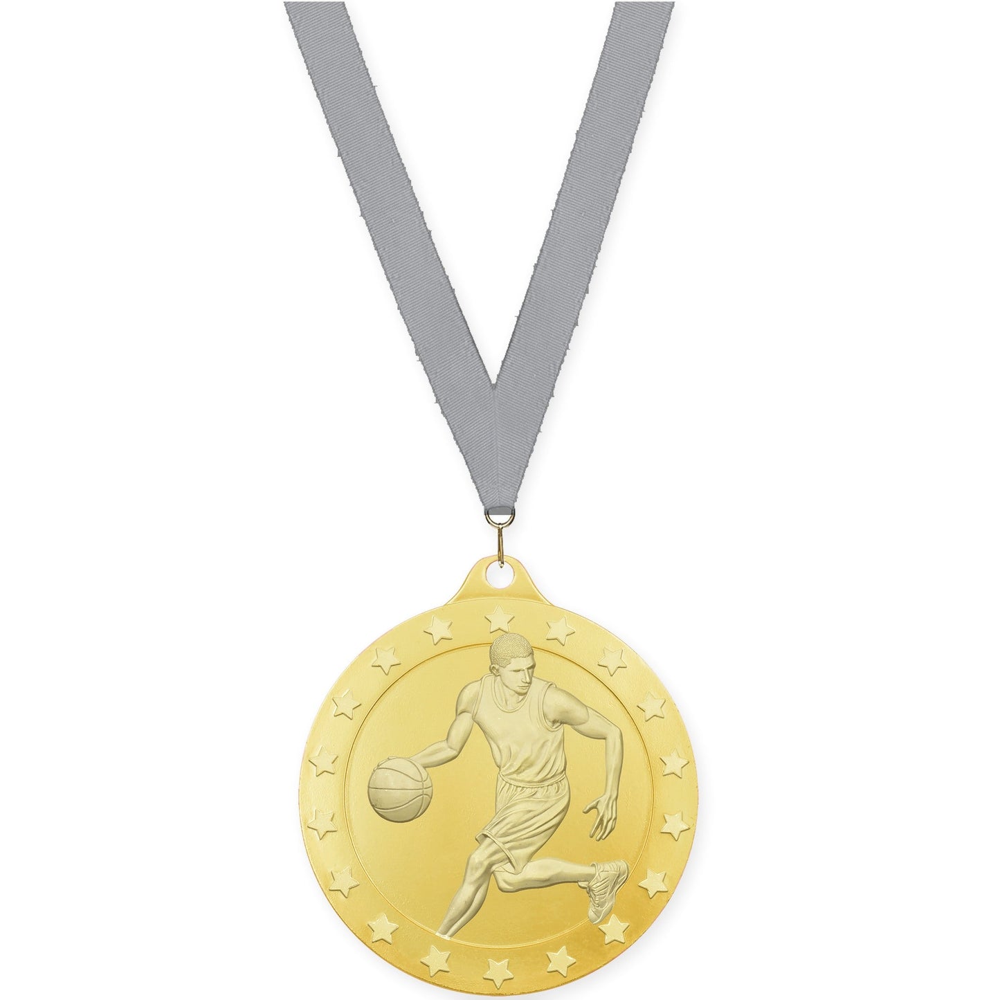 2 inch male basketball Radiance medal in gold with Gray neck ribbon