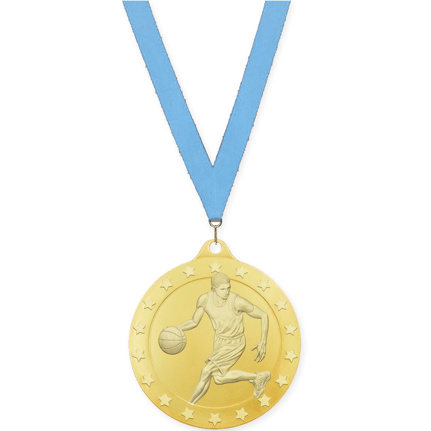 2 inch male basketball Radiance medal in gold with Light Blue neck ribbon