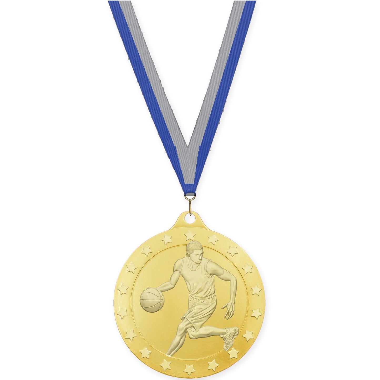 2 inch male basketball Radiance medal in gold with Blue Gray neck ribbon