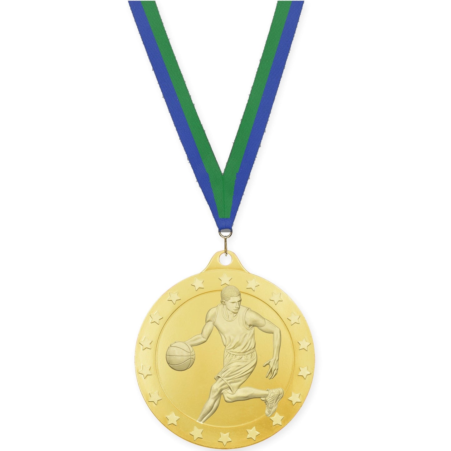 2 inch male basketball Radiance medal in gold with Blue Green neck ribbon