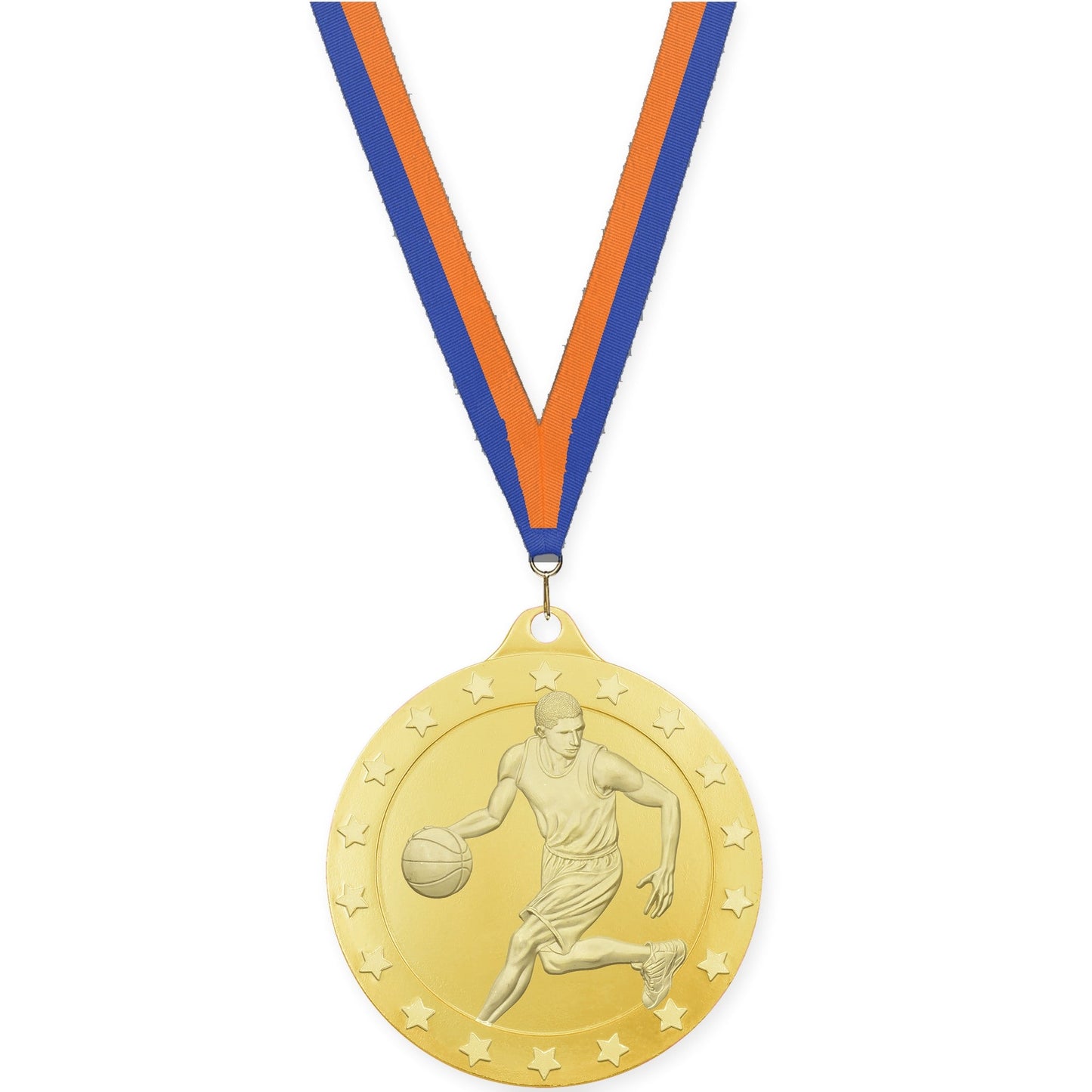 2 inch male basketball Radiance medal in gold with Blue Orange neck ribbon