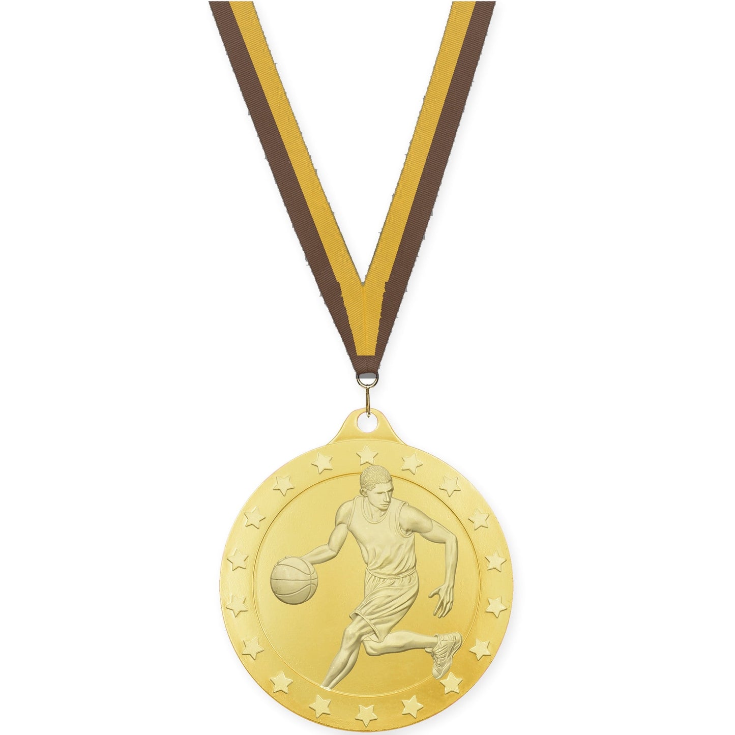 2 inch male basketball Radiance medal in gold with Brown Gold neck ribbon