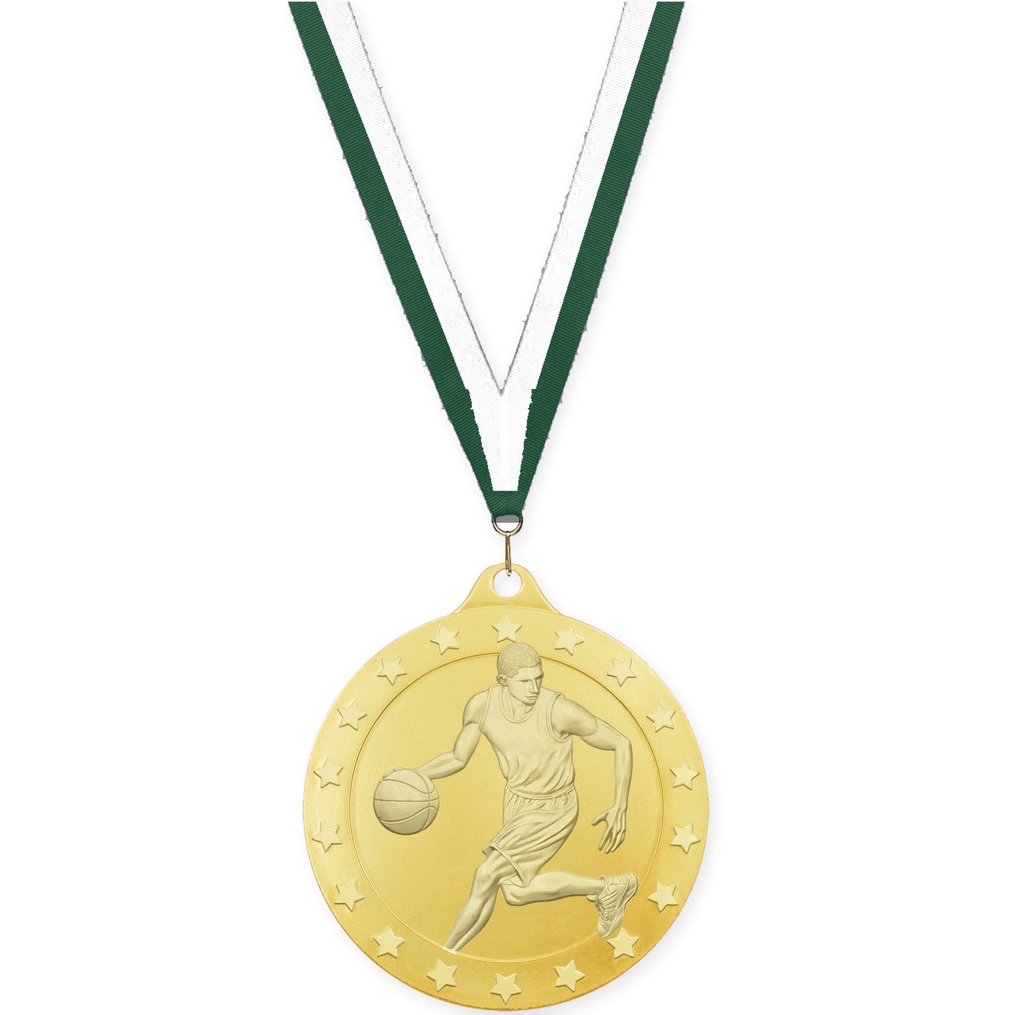 2 inch male basketball Radiance medal in gold with Hunter Green White neck ribbon