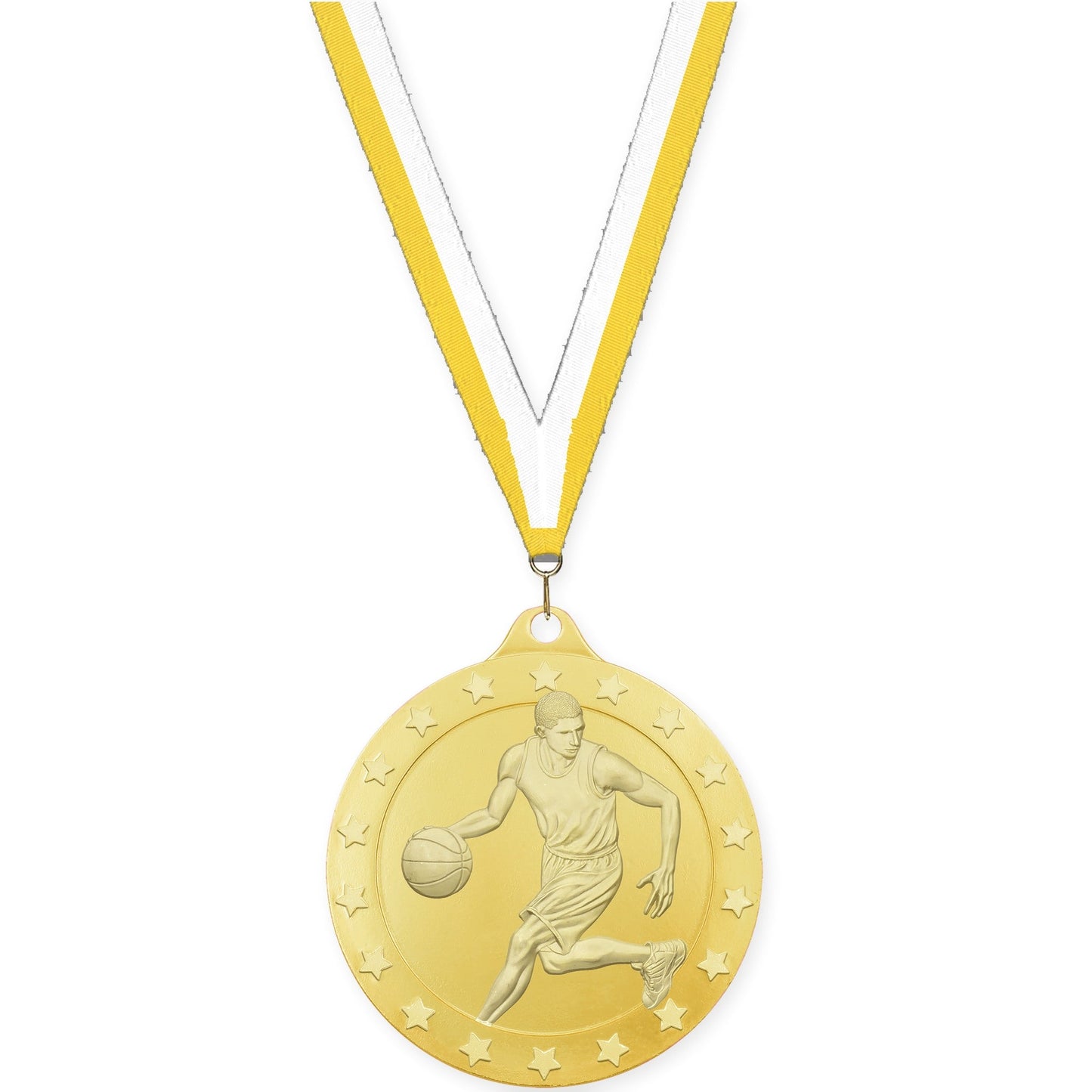 2 inch male basketball Radiance medal in gold with Yellow White neck ribbon